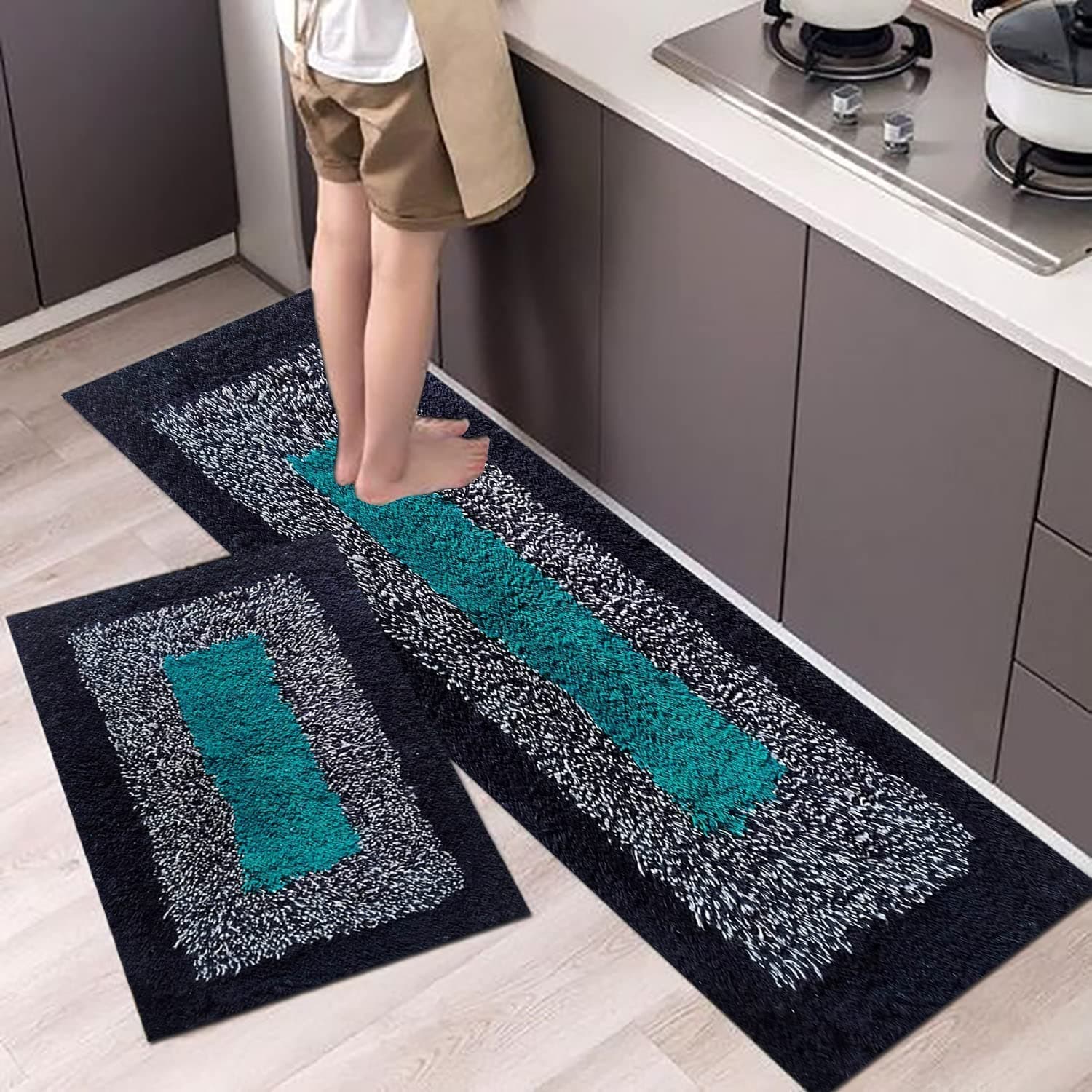 KANTA Hot Thread Kitchen Runner Floor Mat With Runner Size ( 120X40 Cm ) And Bathmat Size ( 60X40 Cm ) Lxw Blue(Cotton)