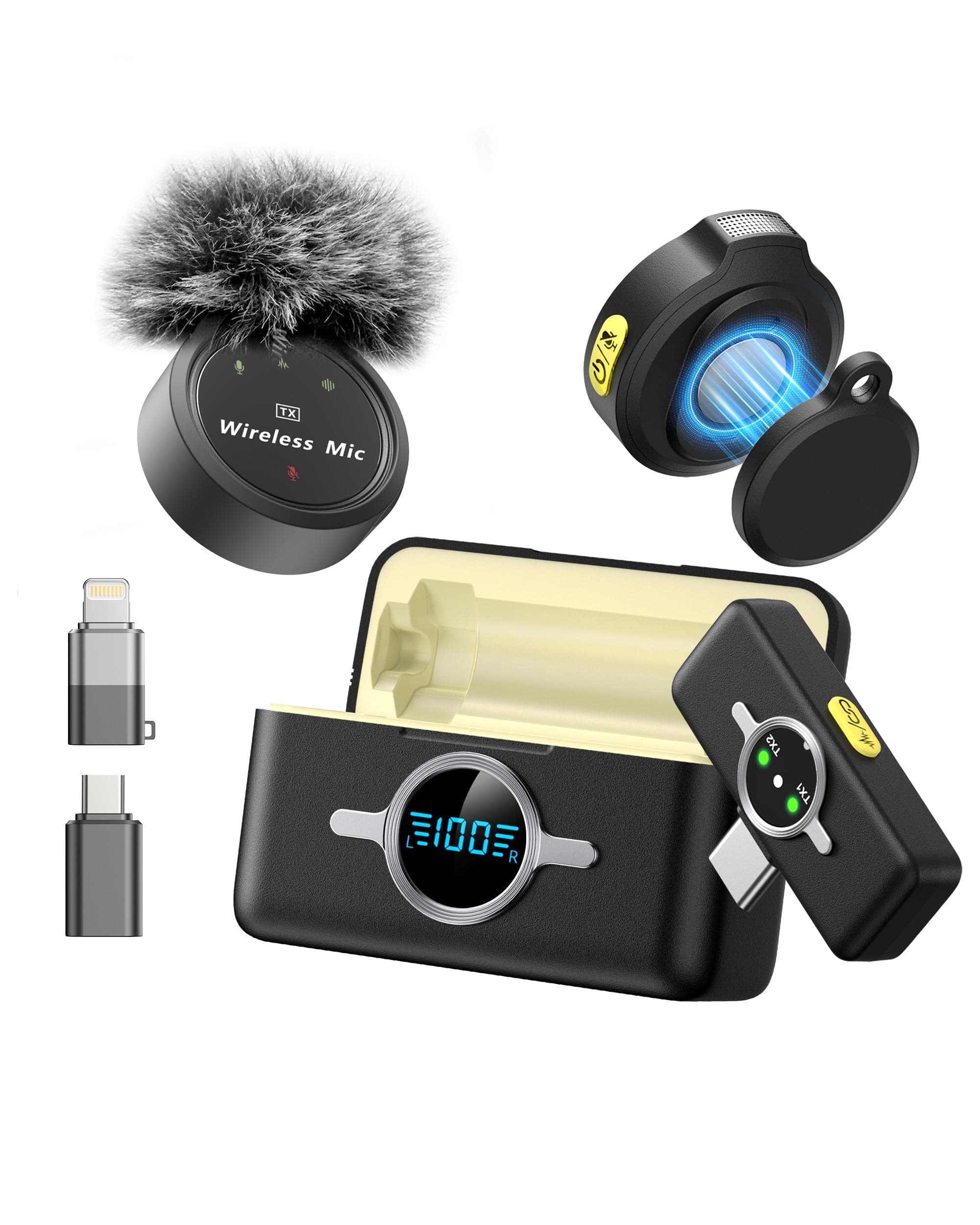 Wireless Lavalier Microphone for iPhone/Android, Professional Microphone with Custom Wind Muff, Noise Cancellation, Includes Type-C/Lightning Connectors, 300ft Range for Recording, Streaming