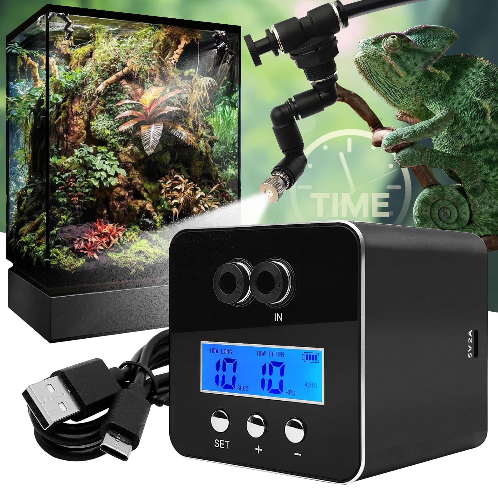 Reptile Smart Mister, Reptile Humidifiers Misting System Automatic with Timer, Terrariums Humidifier with 360°Adjustable Misting Nozzles, Spray Kit for Rainforest Plants Amphibian