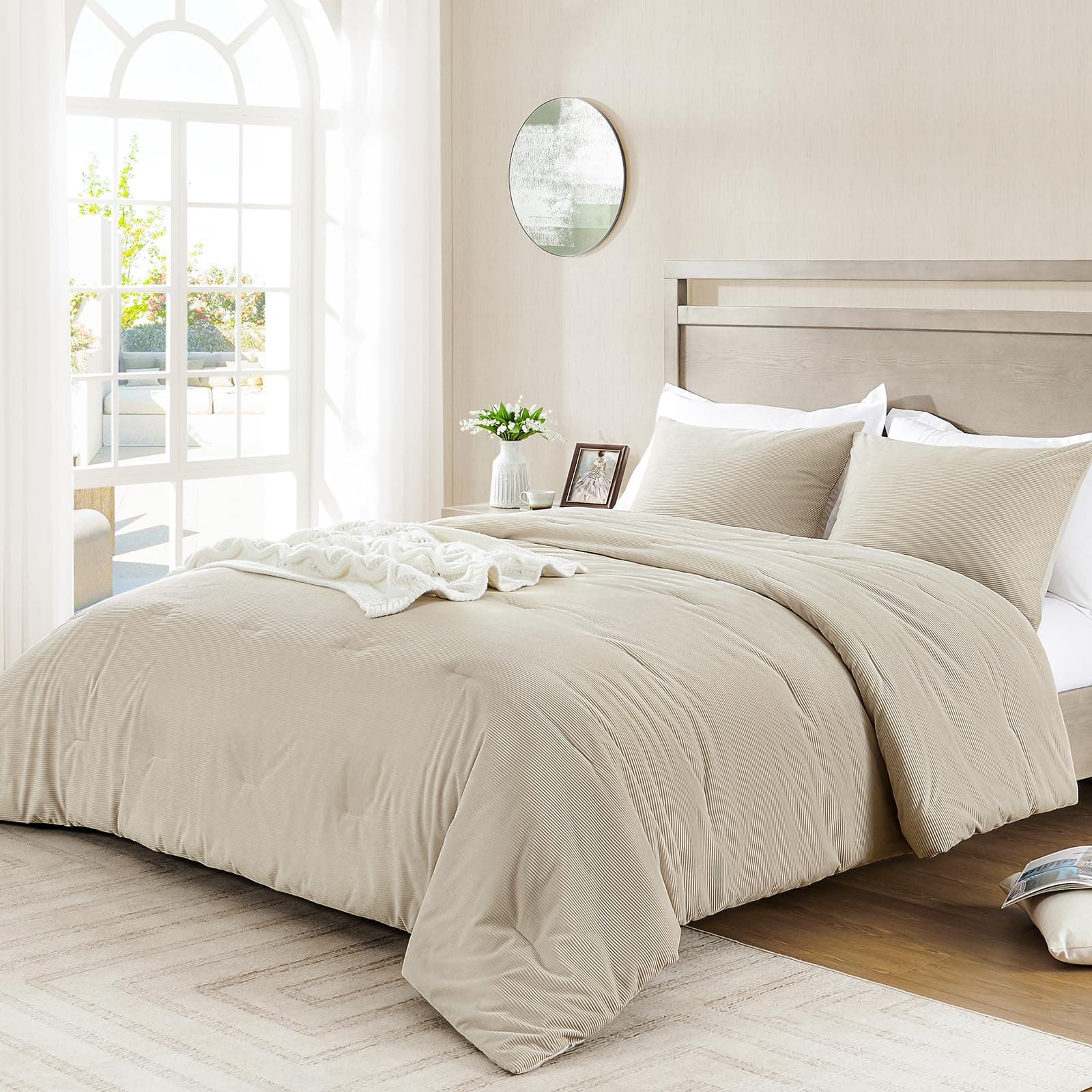 Basic Beyond Full Size Comforter Set, Corduroy Linen Comforter Set Full, Soft Corduroy Bedding Comforter Set, 3 Pieces Corduroy Comforter 82"x86" and Pillow Shams 20"x26"