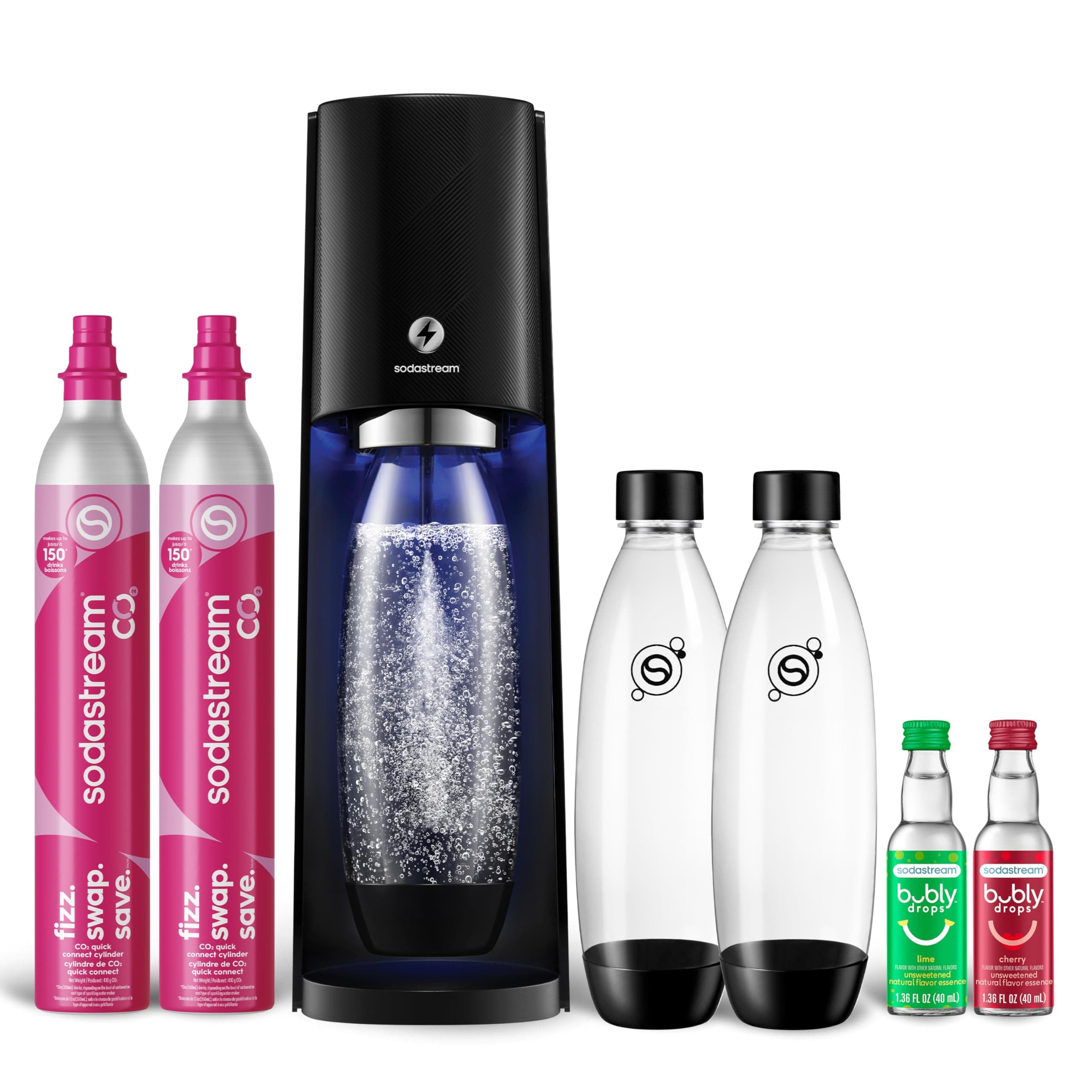 E-TERRA Sparkling Water Maker Bundle (Black), with CO2, Carbonating Bottles, and bubly Drops Flavors