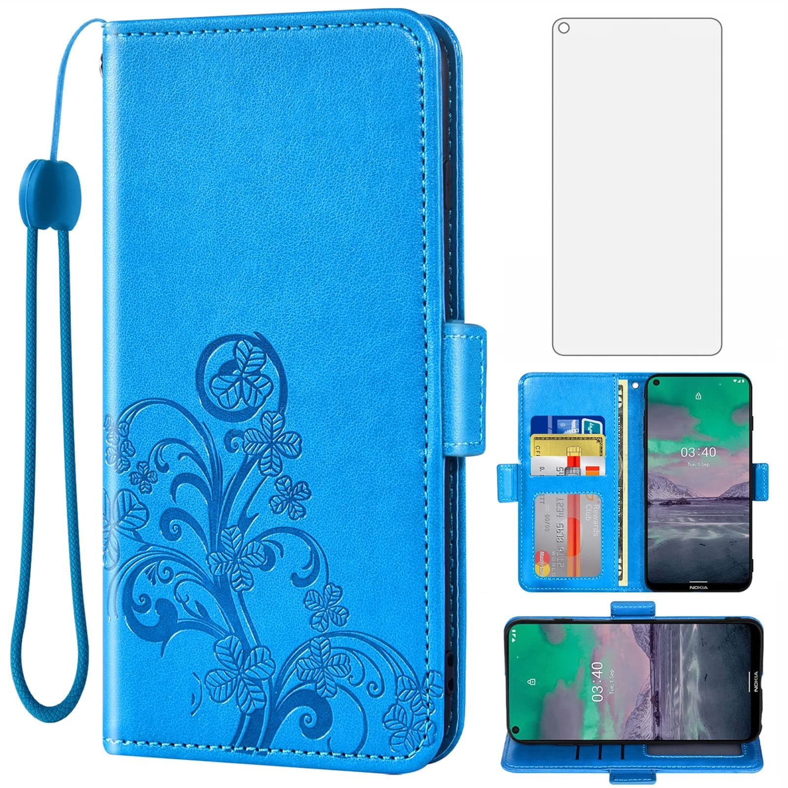Asuwish Compatible with Nokia 3.4 Wallet Case and Tempered Glass Screen Protector Flip Purse Accessories Wrist Strap Credit Card Holder Stand TPU Cell Phone Cover for Nokia3.4 TA-1285 Women Men Blue