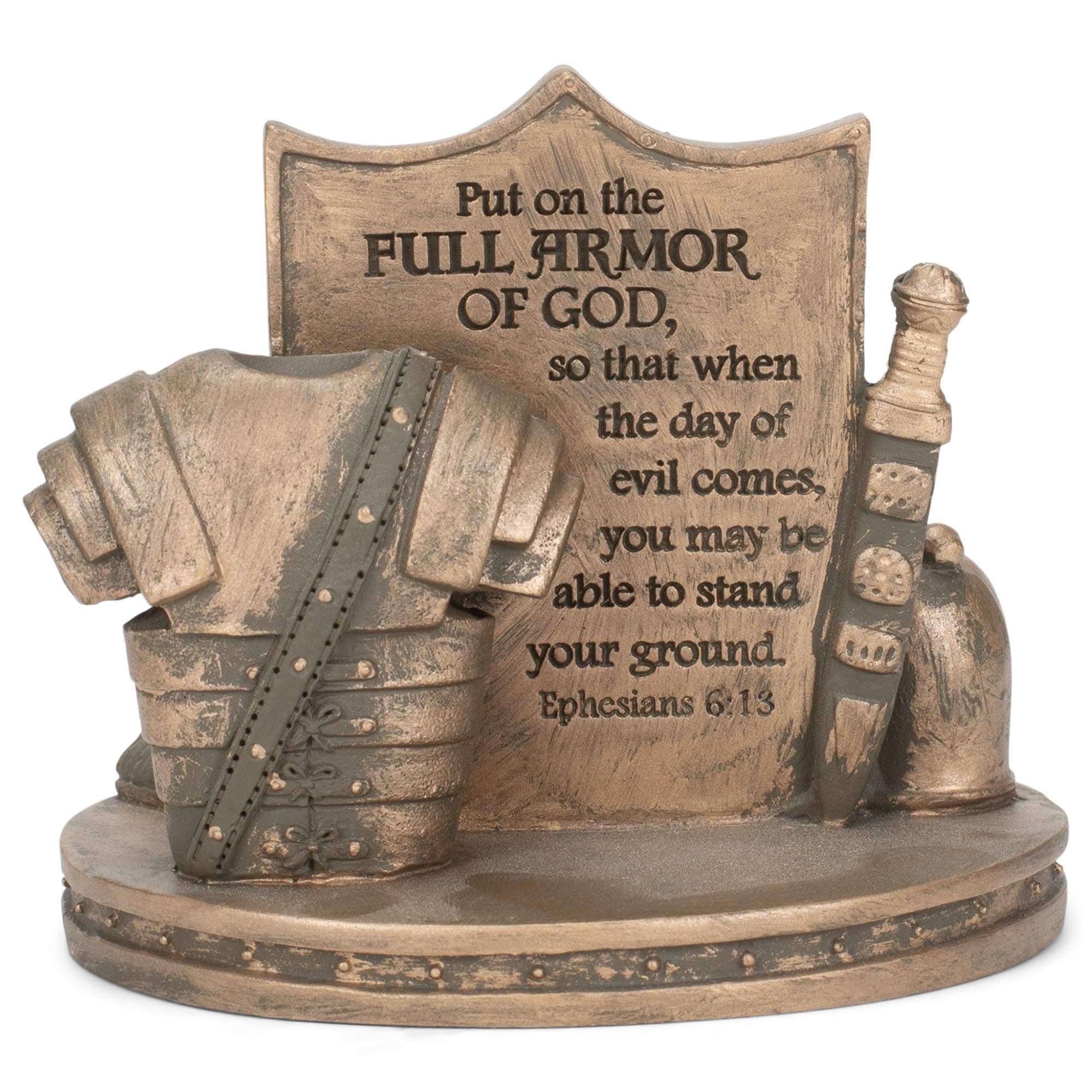Bronzetone Full Armor Scripture 3 x 4 Resin Decorative Tabletop Card Holder