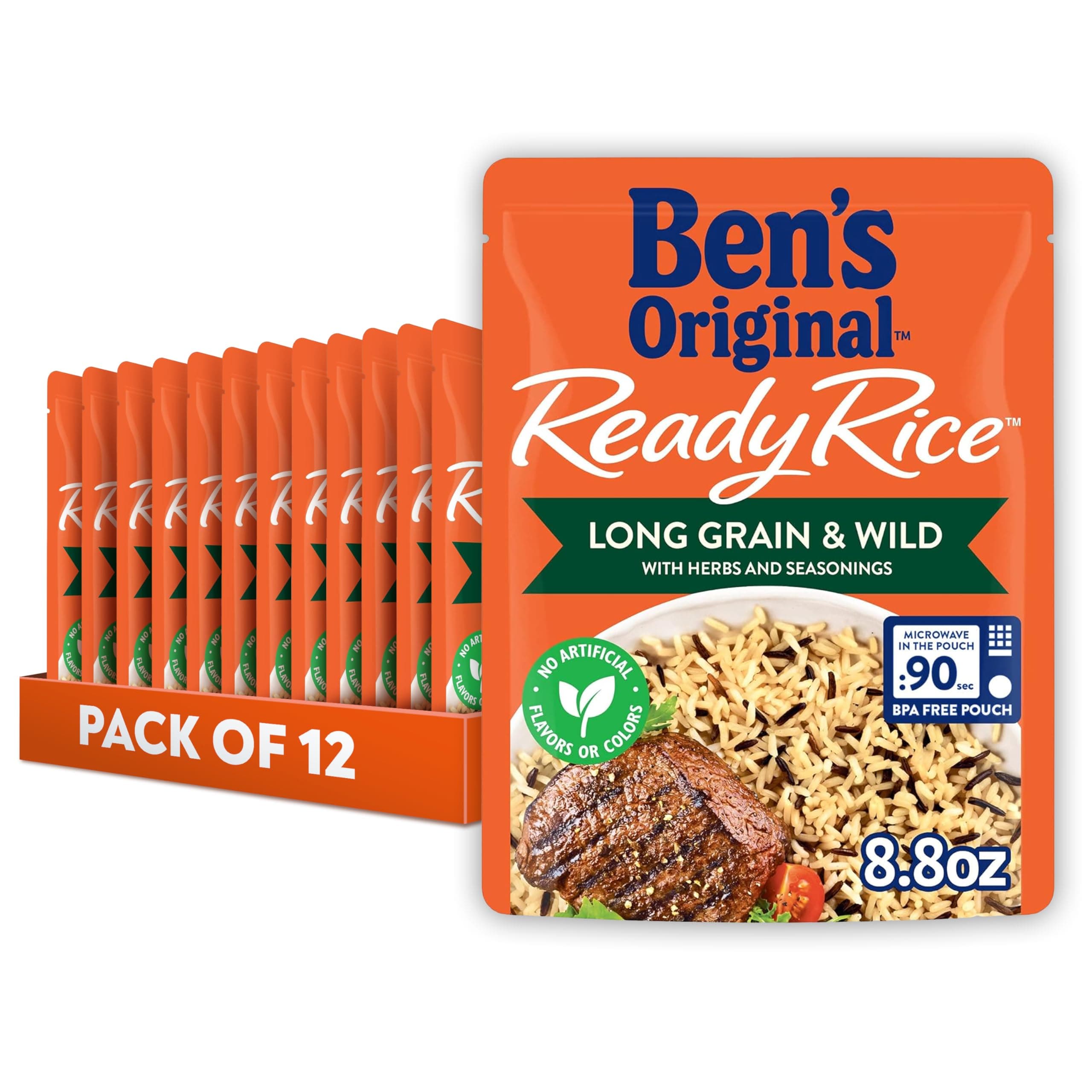 BEN'S ORIGINALReady Rice Long Grain and Wild Flavored Rice, Easy Dinner Side, 8.8 oz Pouch (Pack of 12)