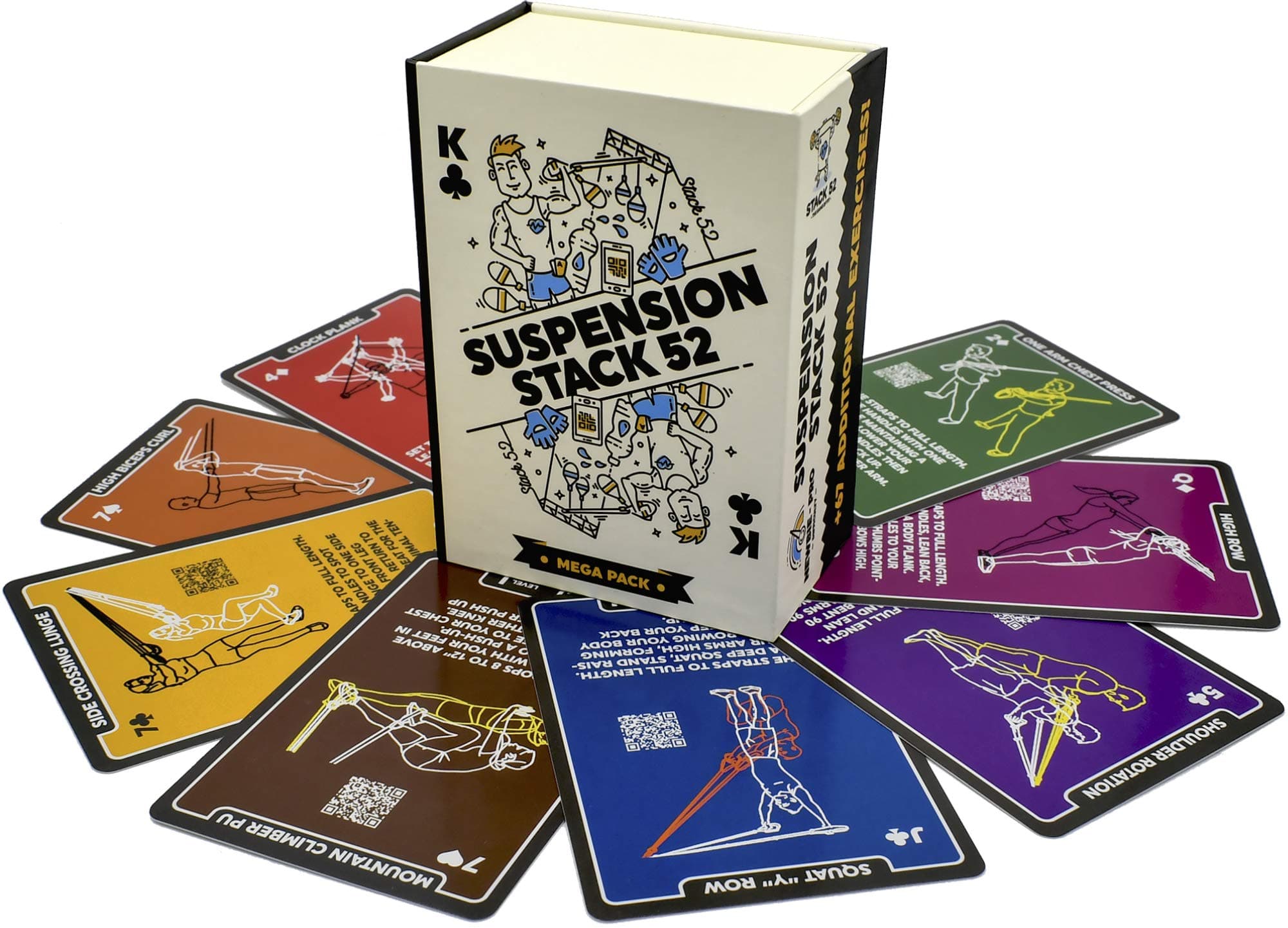 Stack 52 Suspension Exercise Cards compatible with TRX, Woss, and Other Trainer Straps. Suspended Bodyweight Resistance Workout Game. Video Instructions Included. Fun Home Fitness Program. (Mega Pack)