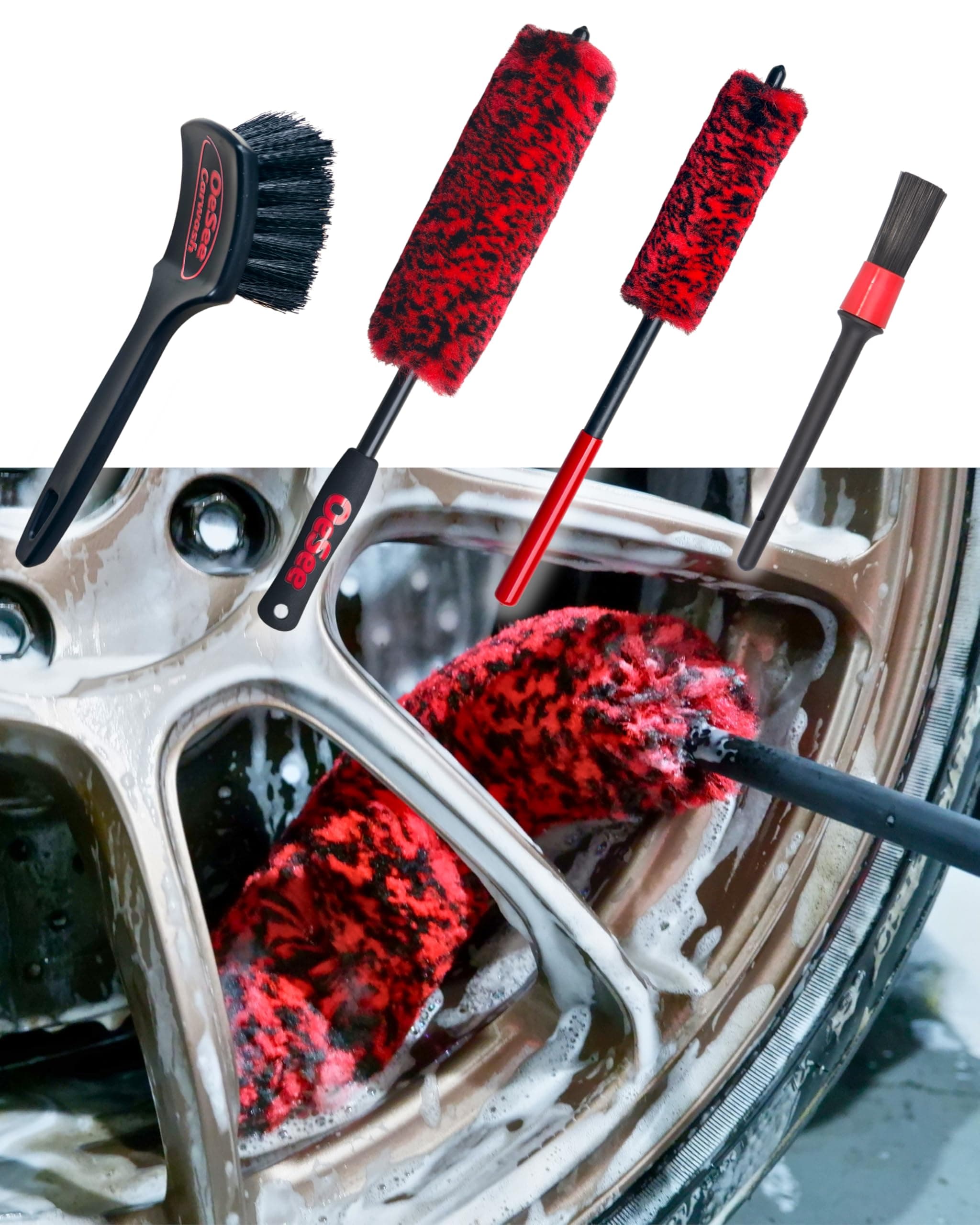 oesee Professional 4 Pack Long Handle Wheel Brush Kit for Cleaning Wheel and Tire- 2X Soft Wheel Cleaning Brush, Detailing Brush and Stiff Tire Brush, Bendable& Durable Wheel Rim Cleaner Brush Set