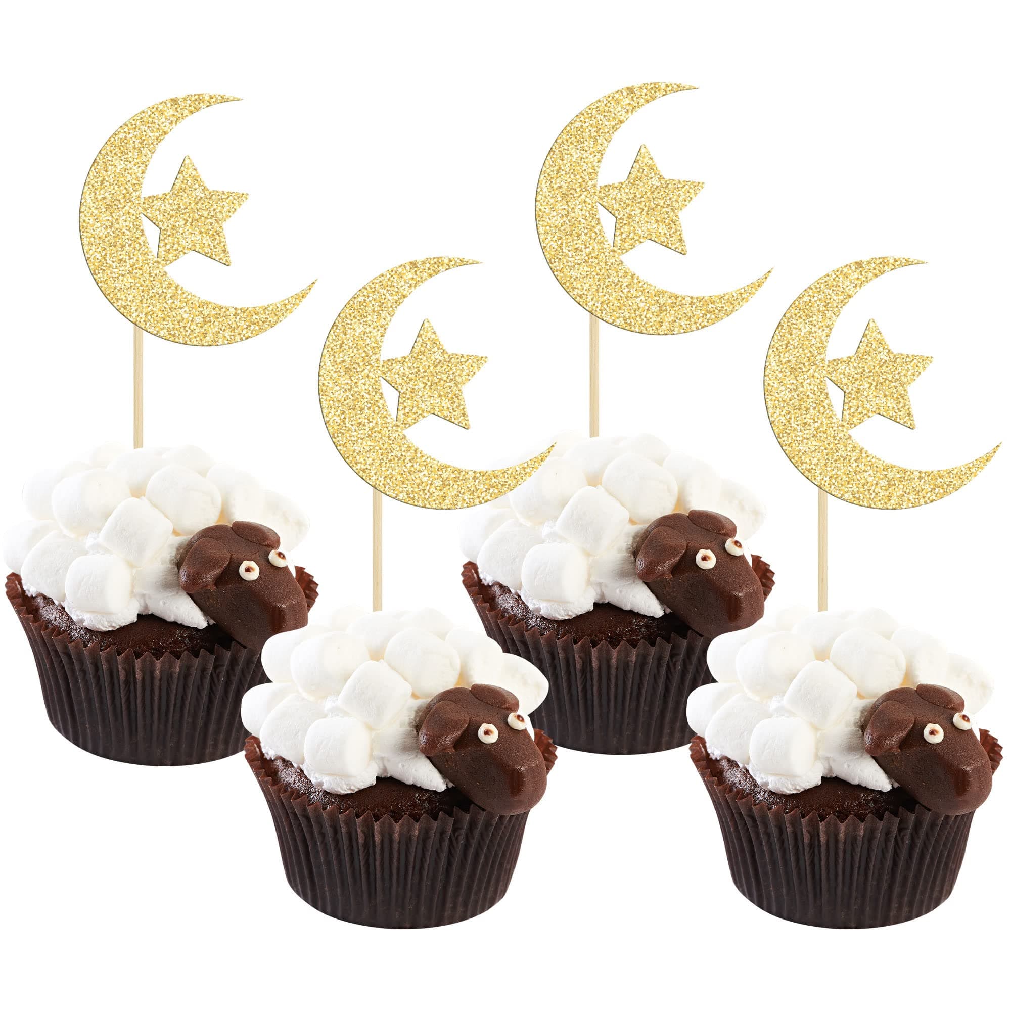 36 Pack Gold Glitter Moon and Star Eid Mubarak Cupcake Topper Ramadan Kareem Party Supplies Islamic Muslim Party Decorations