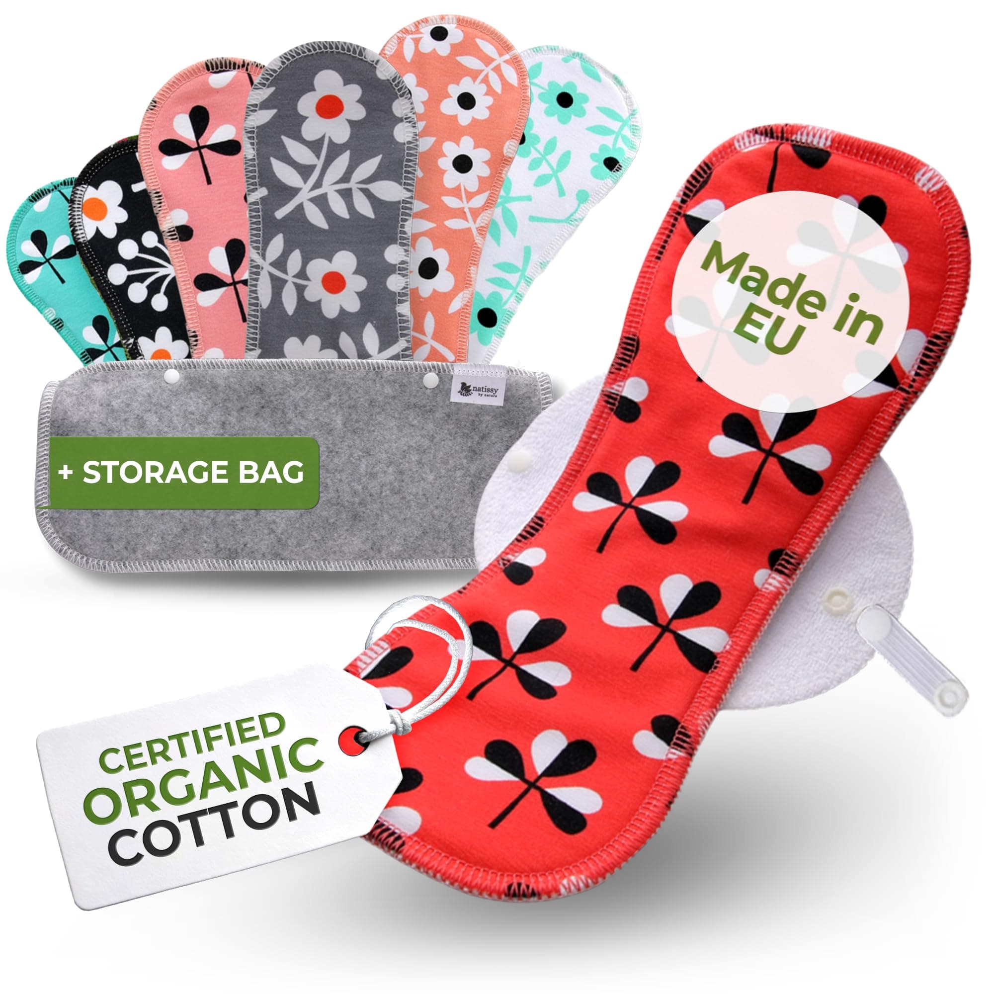 Made in EU – Reusable Sanitary Pads for Light Flow (6 Pack, S+M) – High-Temp Washable, Durable Cloth Period Pads for Women & Teens – Breathable Organic Cotton & Secure-Fit for Menstrual Comfort