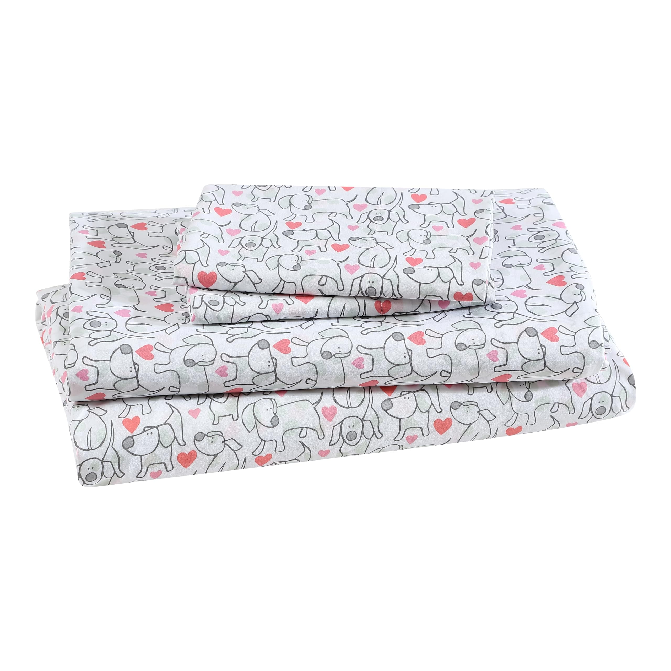 Beatrice Home Fashions Printed Microfiber Sheet Set, Soft Comfortable Easy Care, Includes 1 Fitted Sheet with 12" Deep Pockets, 1 Flat Sheet, Pillowcase, Full, Hearts & Hounds
