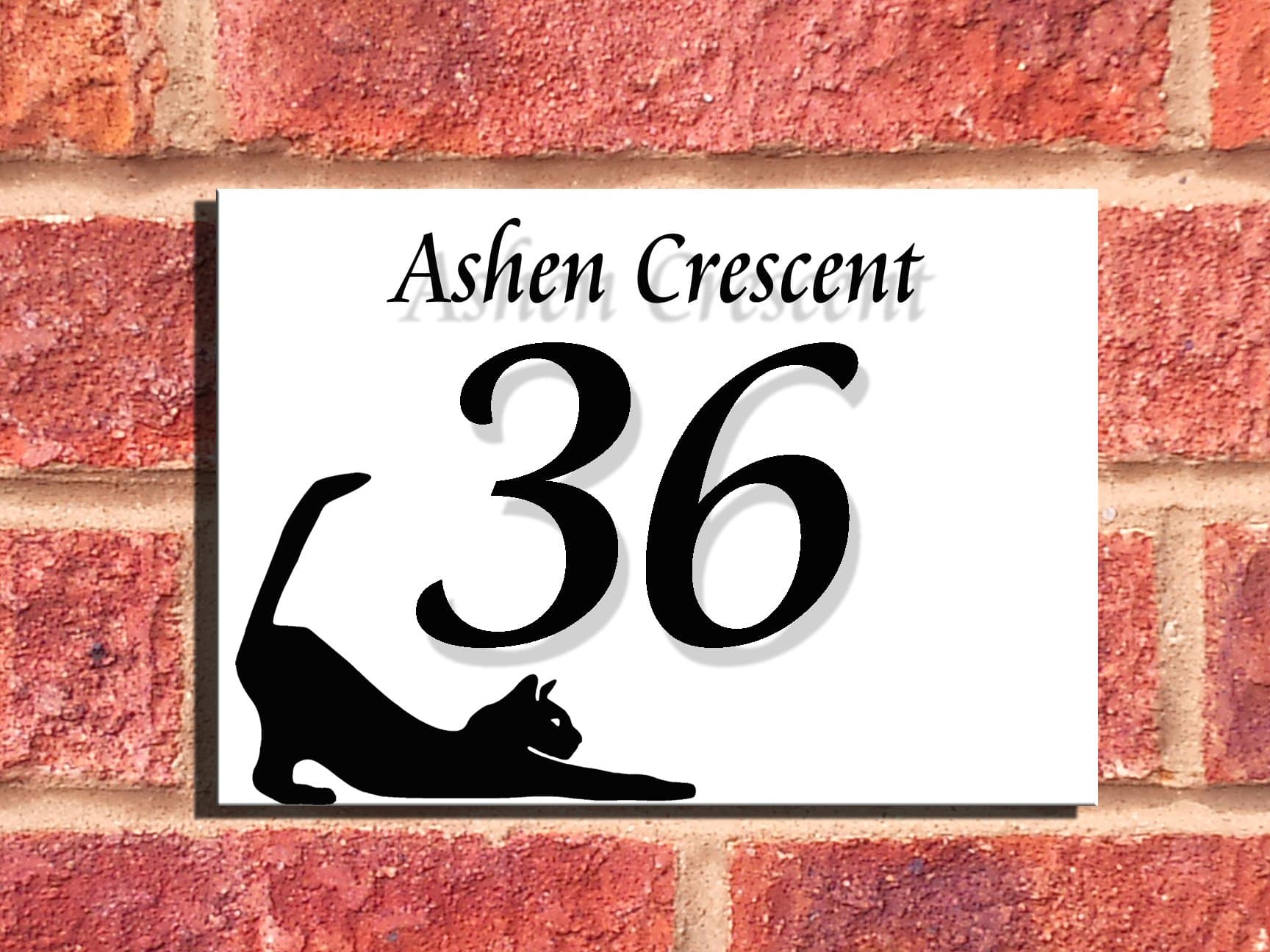 Designer House Number Plaques (White Stretching Cat)
