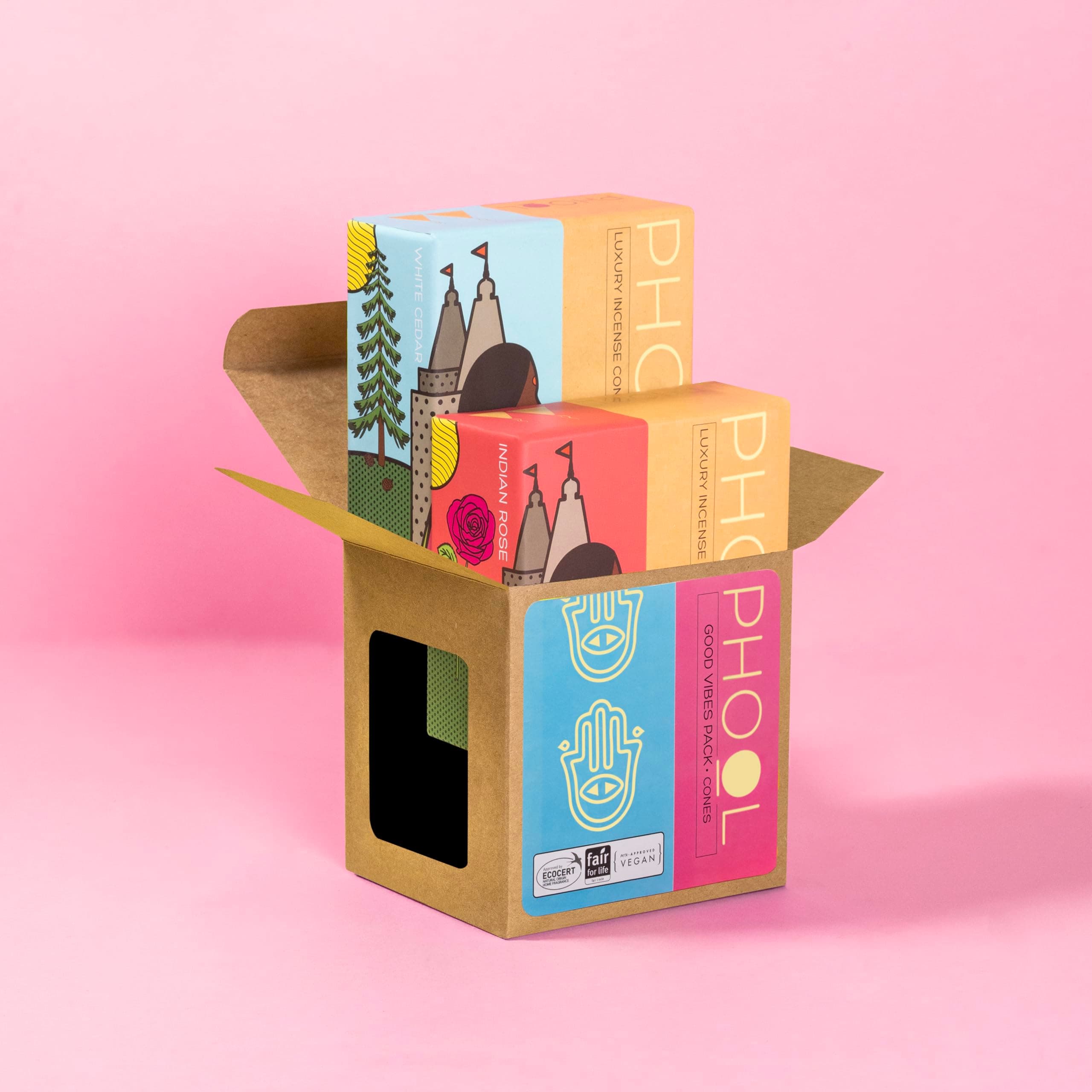 PHOOL LUXURY INCENSE Good Vibes Pack (80 Incense Cones 2 Fragrances: Indian Rose and White Cedar) (Orange)