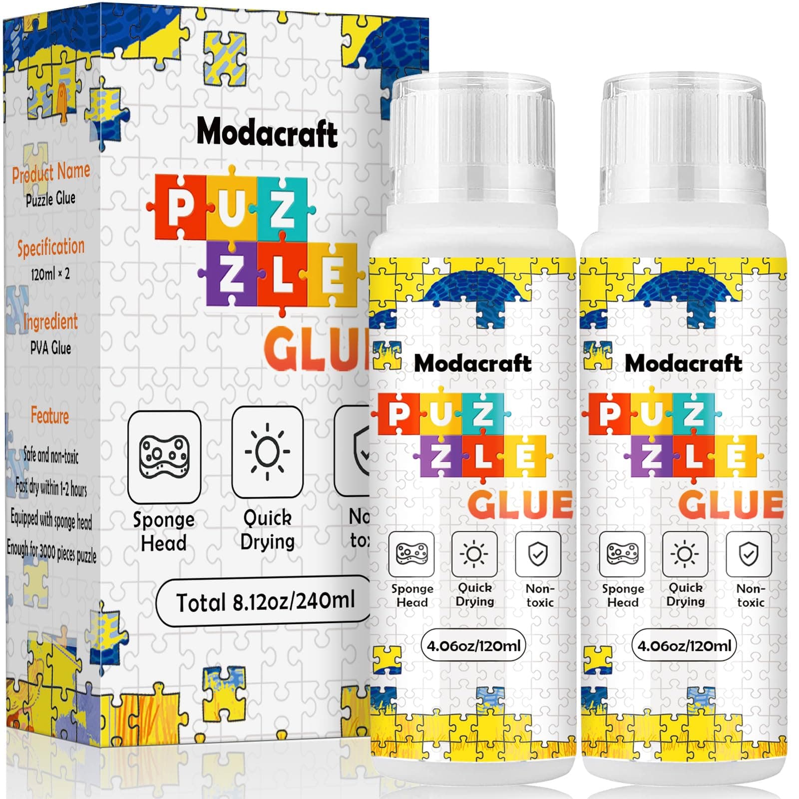 2 Pack 120ml Jigsaw Puzzle Glue with New Sponge Head, Suitable for 1000/3000/5000 Pieces of Paper and Wood Puzzle, Clear Water-Soluble Quick Dry Jigsaw Puzzle Glue, 240ml in Total