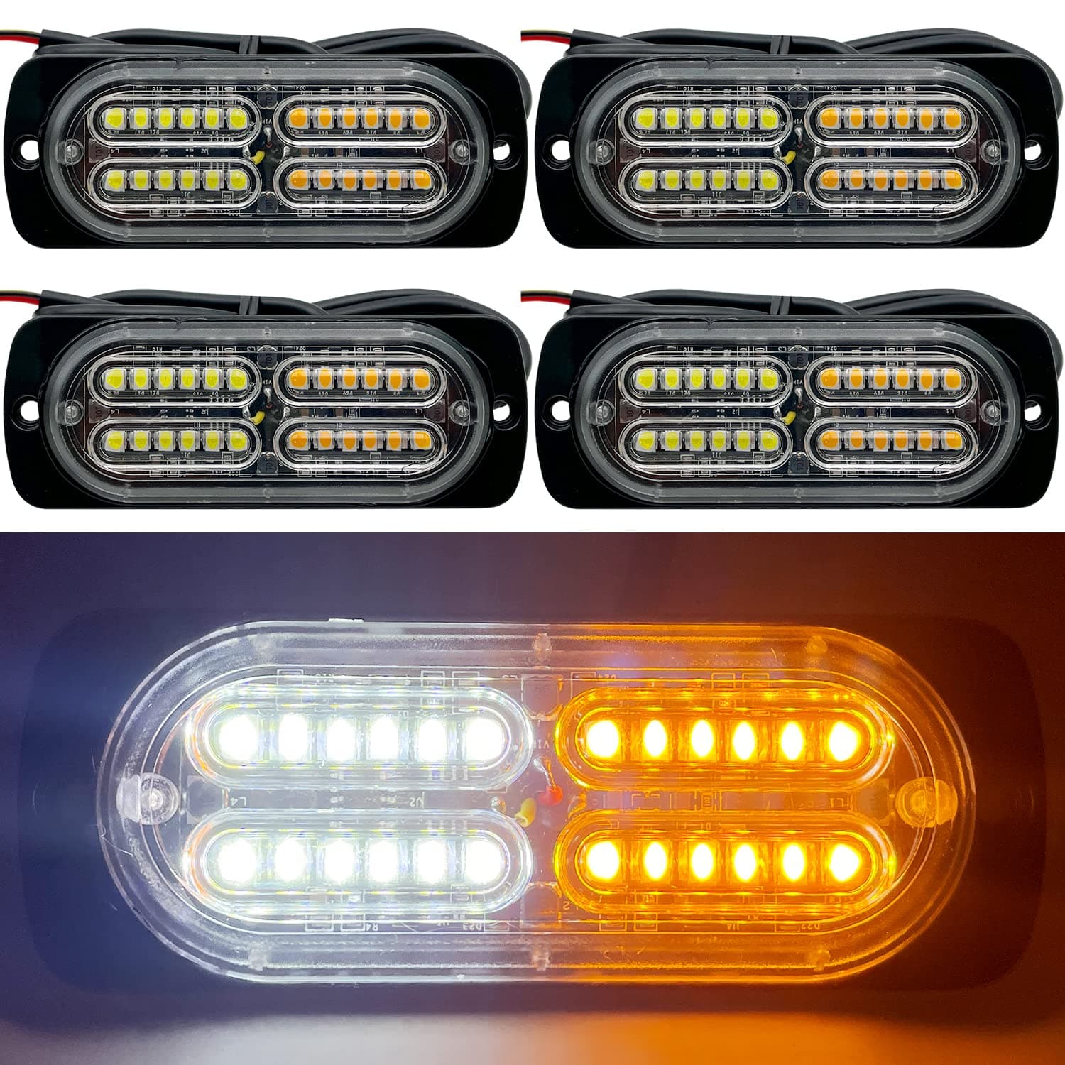 12-24V 24-LED Super Bright LED Emergency Strobe Lights Warning for Cars Trucks Vehicle SUV Caution Hazard Construction Waterproof Amber Strobe Bar with 32 Different Flashing- 4PCS (White Amber)