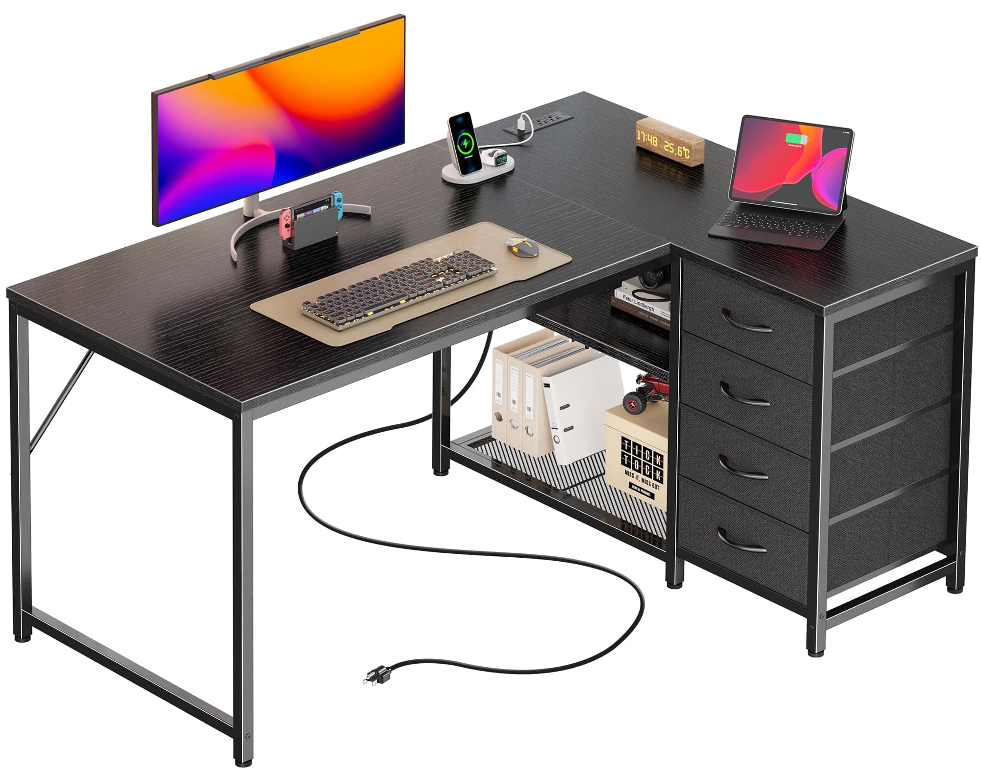 PRAISUN 43.3" Small Computer Desk with Power Outlets and USB-C Port, Reversible L Shaped Corner Office Desk with 4 Fabric Drawers and 2 Height-Adjustable Shelves, for Gaming Writing, Black