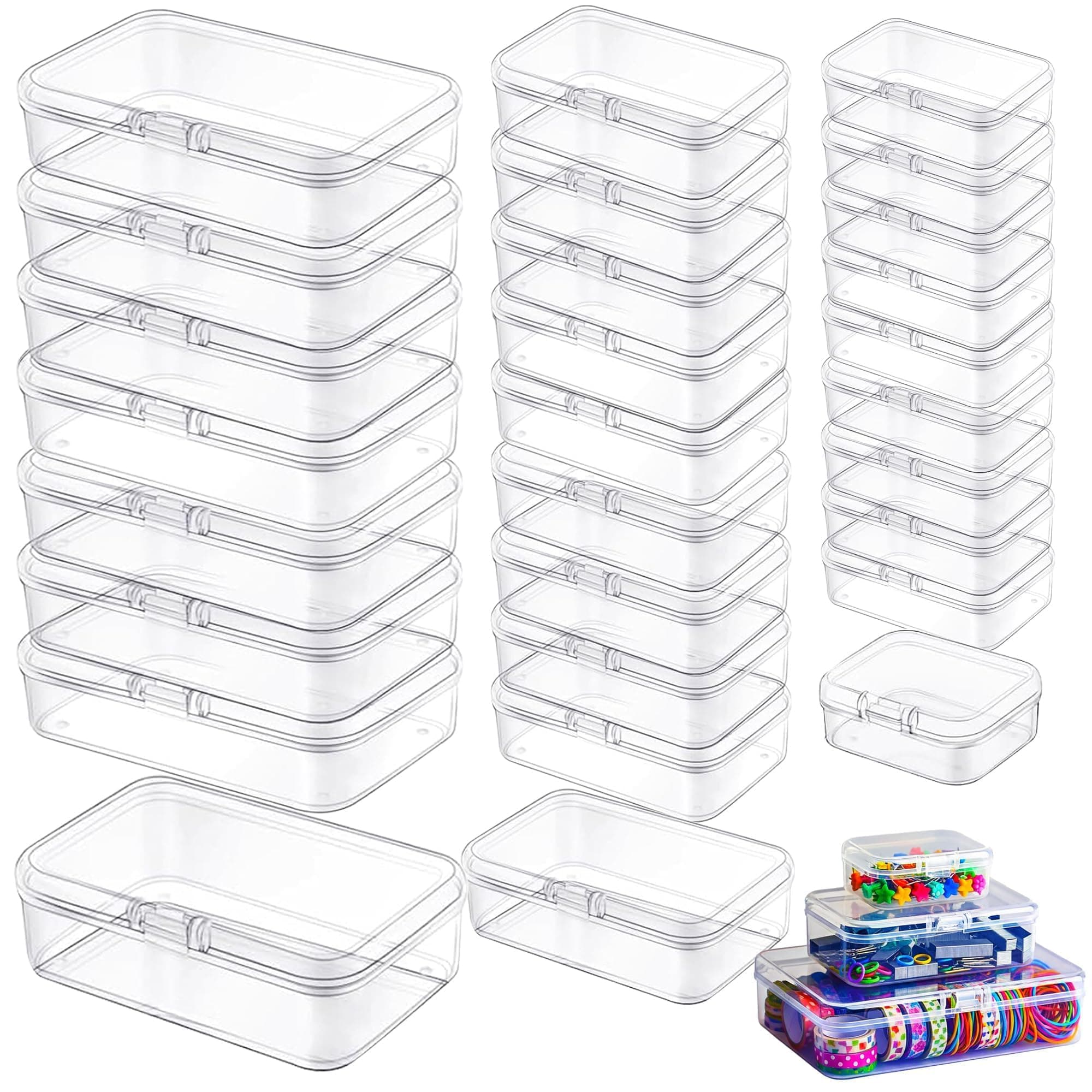 28 Pack Small Plastic Containers with Lids, 3 Mixed Sizes Rectangular Clear Storage Boxes for Diamond Art Accessories, Beads and Hardware, Stackable Craft Organizer Set