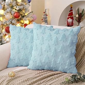 DFXSZ Christmas Tree Pillow Covers 16x16 inch Set of 2 Christmas Decoration Blue Soft Plush Faux Fur Jacquard Throw Pillows for Bedroom Sofa Holiday Festivals Winter Home Decor PTK006F16