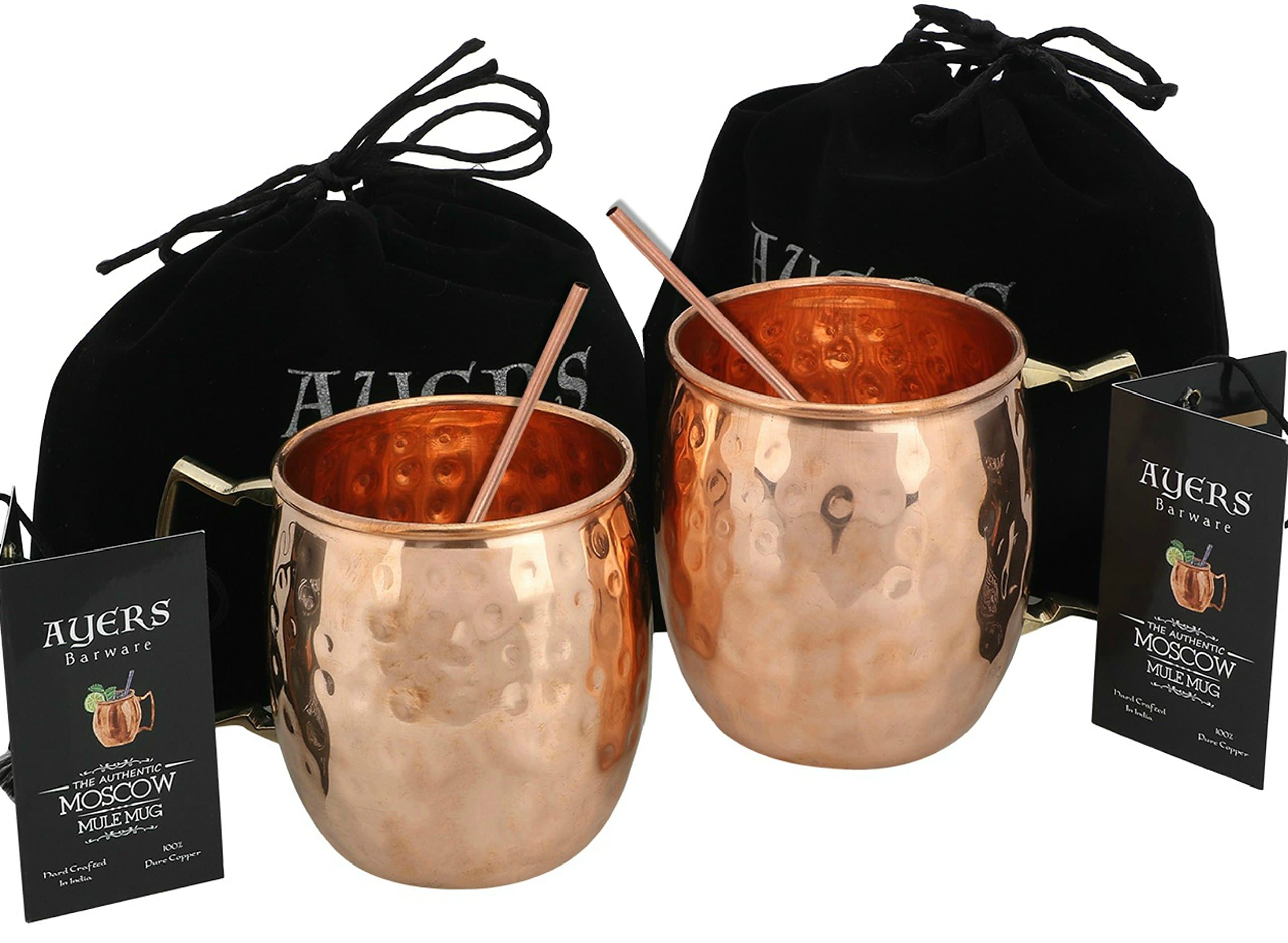 AYERS Barware Moscow Mule Copper Mugs Set of 2 with Straws and Gift Bag with Tag 18 oz Cup 100% Pure Solid Unlined Barrel Shaped Hammered with Brass Handles