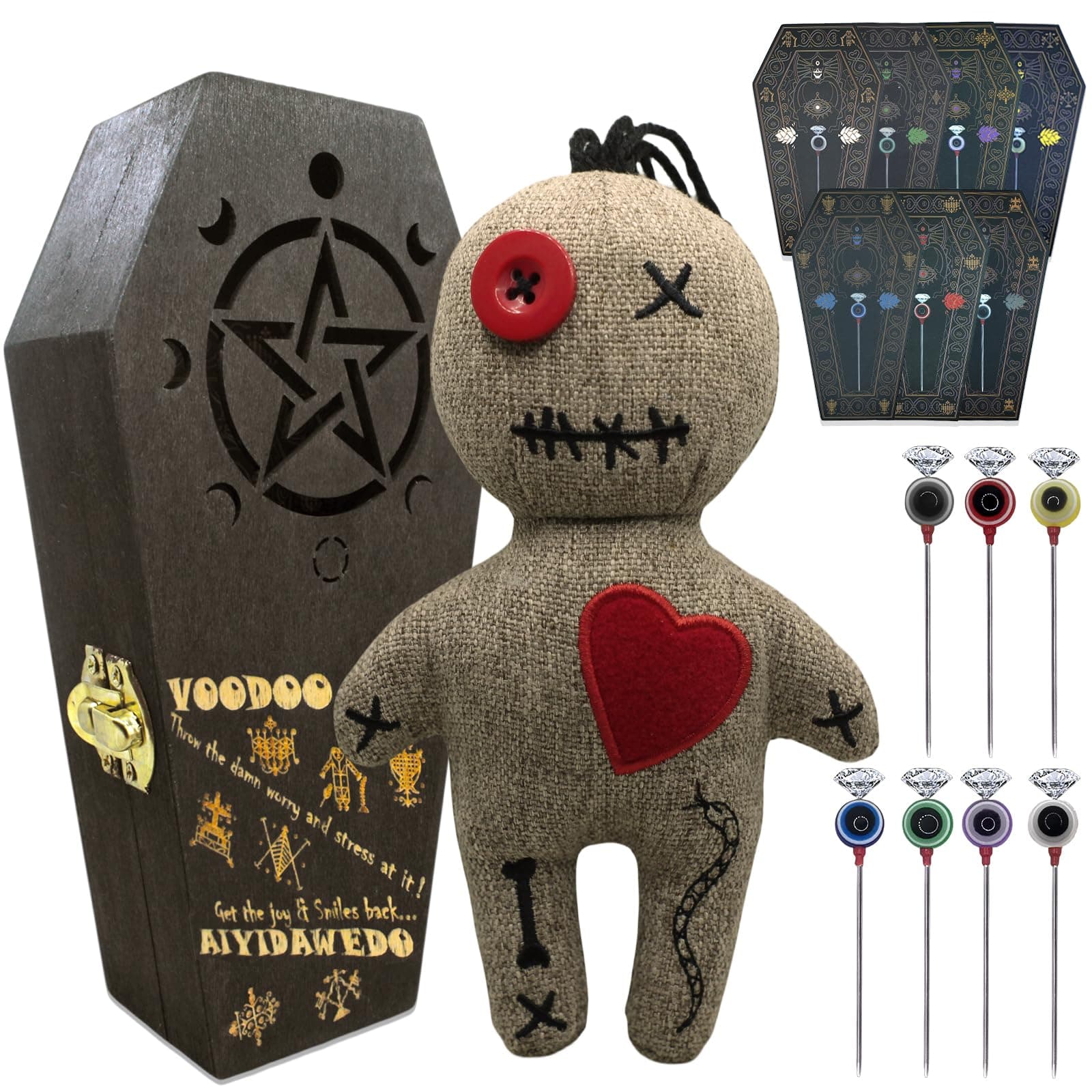 - Ayidawedo®Authentic LOA Voodoo Doll Kit Include Spell Cards and Stress Relief Pins in Wooden Coffin Box - Gag Gift Complete Set