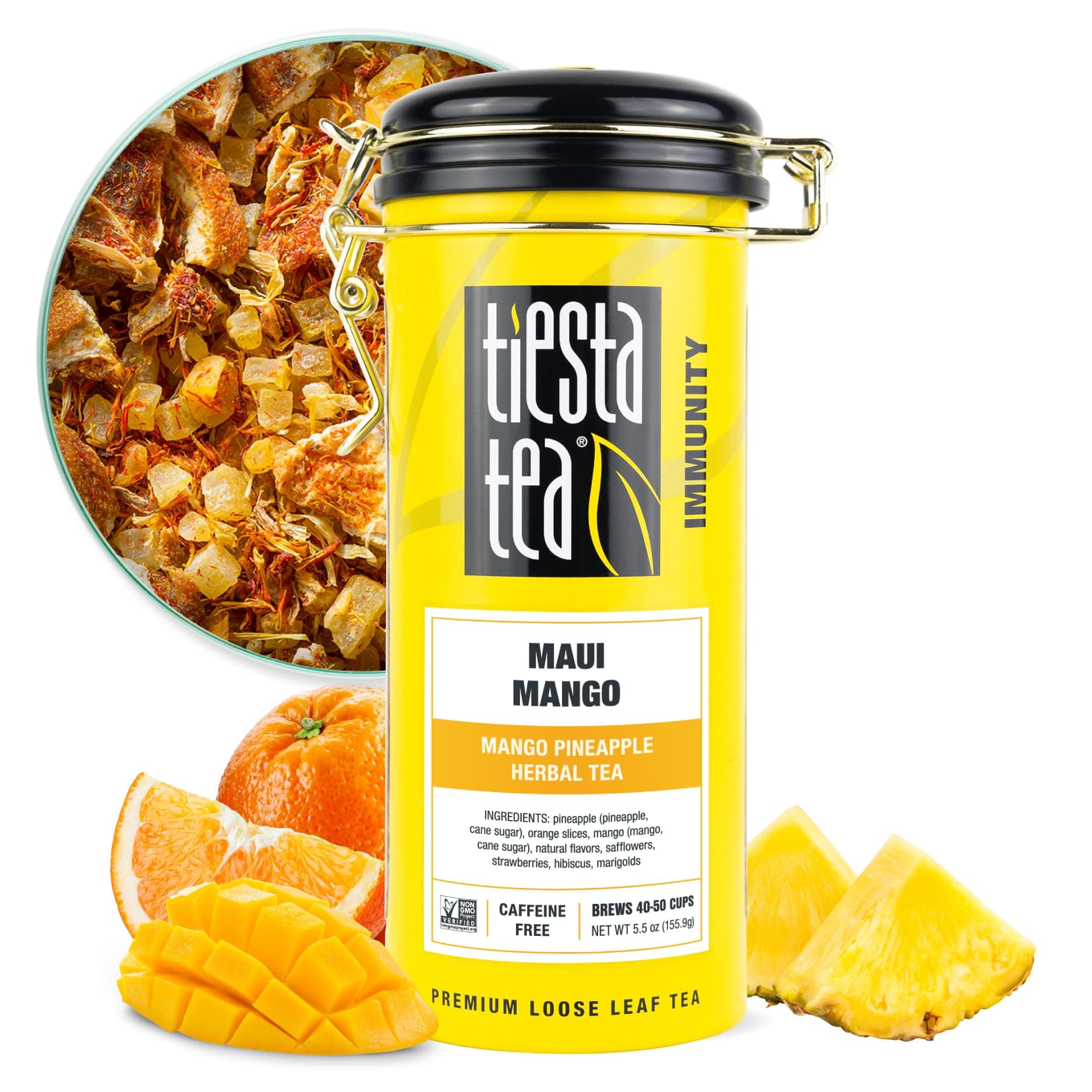Maui Mango, Loose Leaf, Mango Pineapple Herbal Tea, Premium Non-Caffeinated Fruit Blend, Makes Hot or Iced & Brews Up to 50 Cups, 5.5 Ounce Refillable Tin