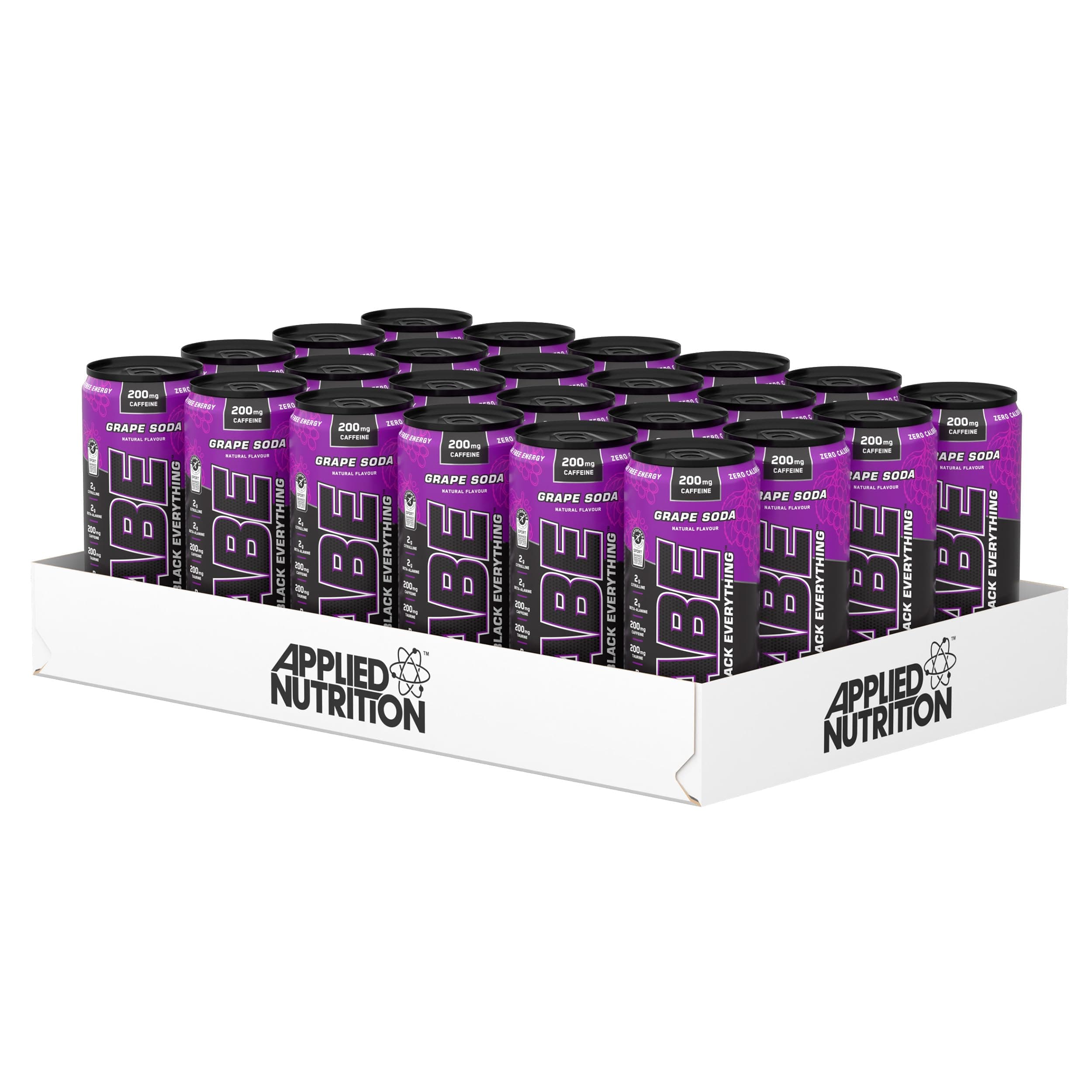 ABE Pre Workout Cans - All Black Everything Energy + Performance Drink, ABE Carbonated Beverage Sugar Free with Caffeine (Pack of 24 Cans x 330ml) (Grape Soda)