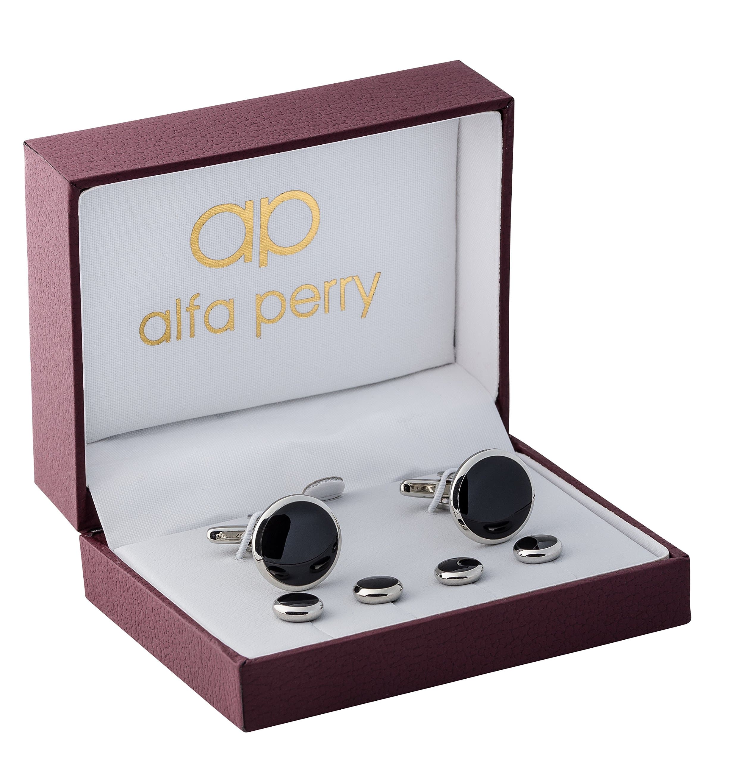 Classic Tuxedo Stud and Cufflink Set,with Black Center and Silver Color Edge in Beautiful Gift Box