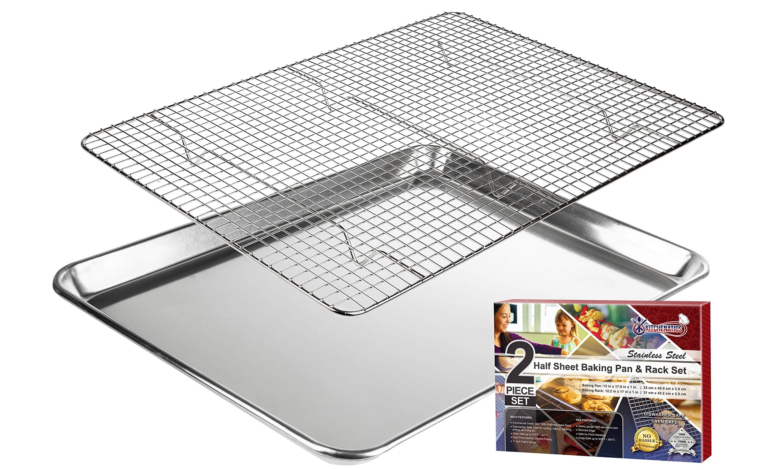 Half Baking Sheet & Cooling Rack - 1/2 Aluminum Baking Pan with Stainless Steel Wire Rack Set - Large Cookie Sheets for Oven - 33 x 45 cm