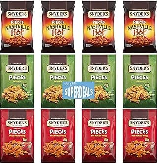 Snyder's of Hanover Pretzel Pieces, Spicy Variety 12 Pack bundled by SUPERDEALS 4 Nashville Hot, 4 Jalapeno, 4 Hot Buffalo Wing Pretzels, 2.25 Oz each bag, total 27 Ounces with mystery gift in every order