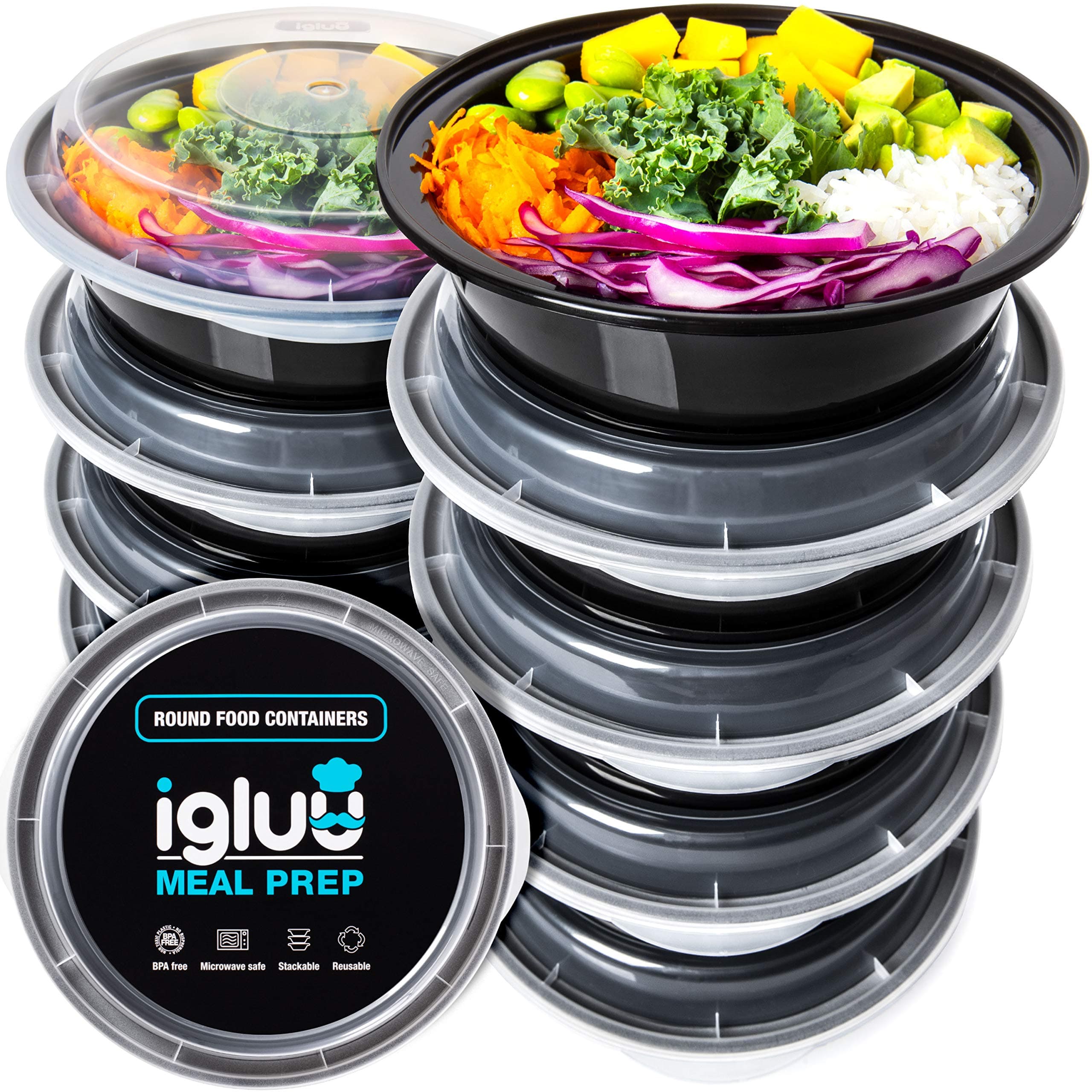 Igluu Meal Prep Containers Reusable (10 Pack) – Round Food Containers with Lids – Stackable, Microwave, Freezer & Dishwasher Safe – 28oz – 1 Compartment – BPA-Free