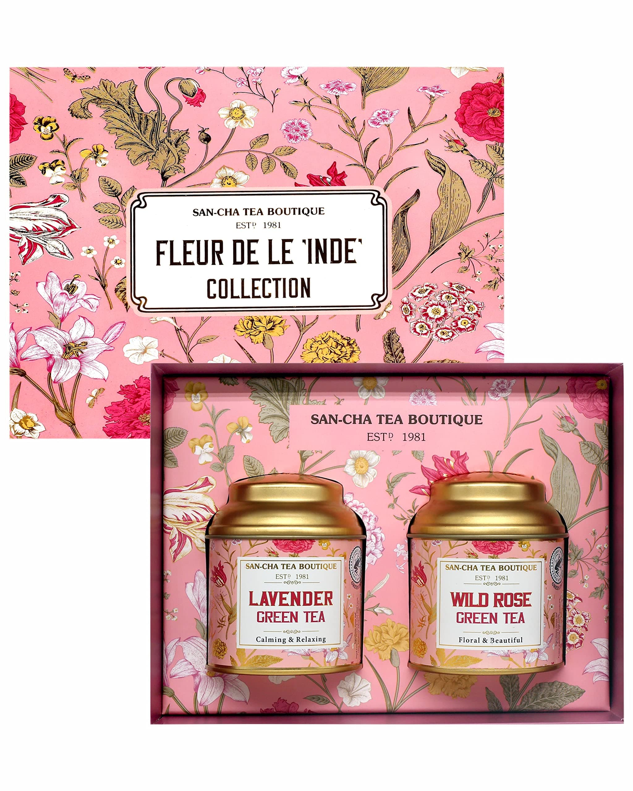 SAN-CHA Tea Boutique | Fleur De Inde Tea Gift Box | Lavender & Rose Flavoured Green Teas | Loose Leaf Variety Pack | 2 × 50g Caddies | Premium Floral Sampler