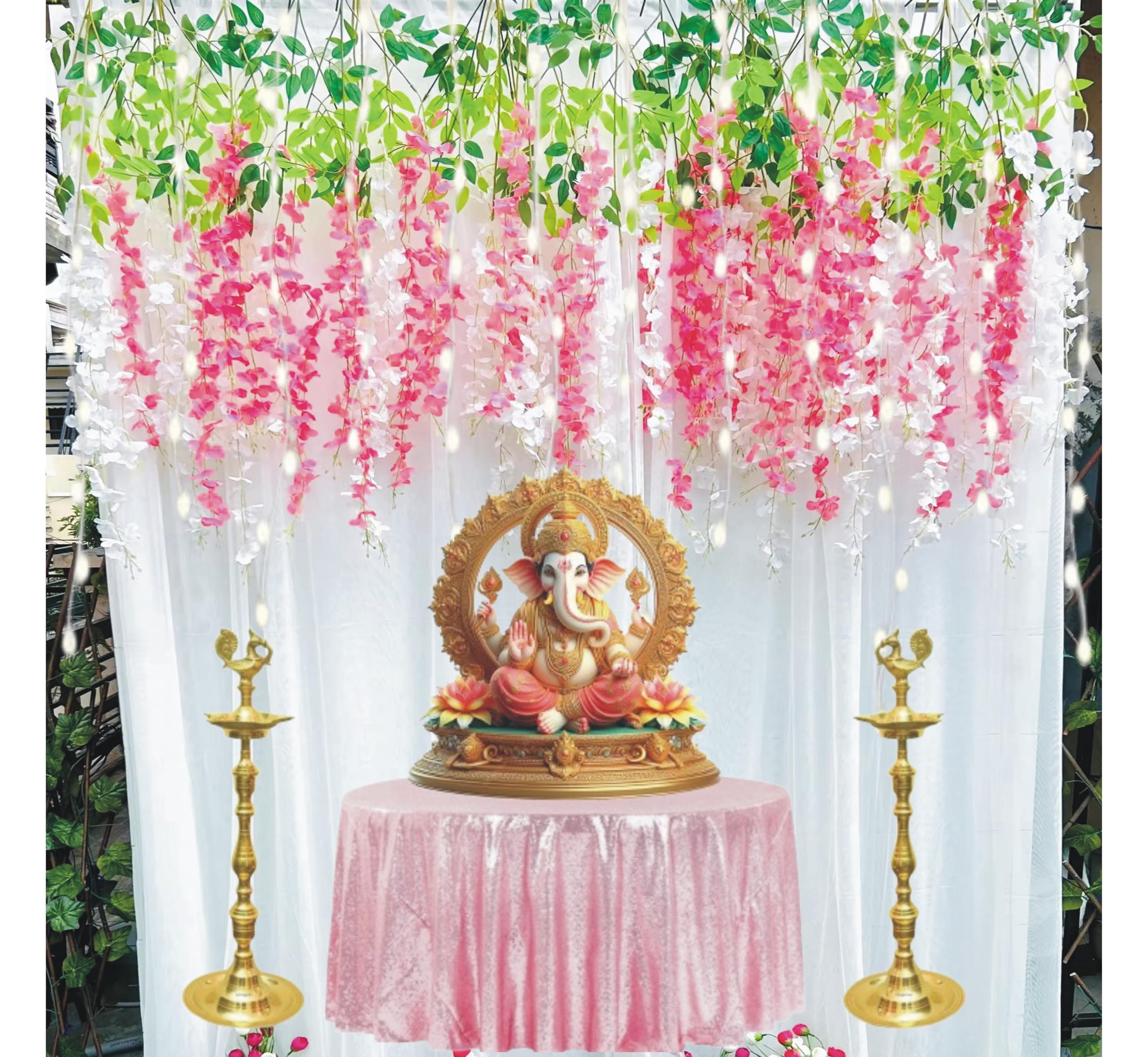 Lazybeee 19pc Decorative White Net Curtain Backdrop with Pink White Wisteria Flower for Event Decorations Wedding, Festival Ganesh Backdrop for Pooja Decoration Ganpati Janmashtami Varalakshmi Diwali