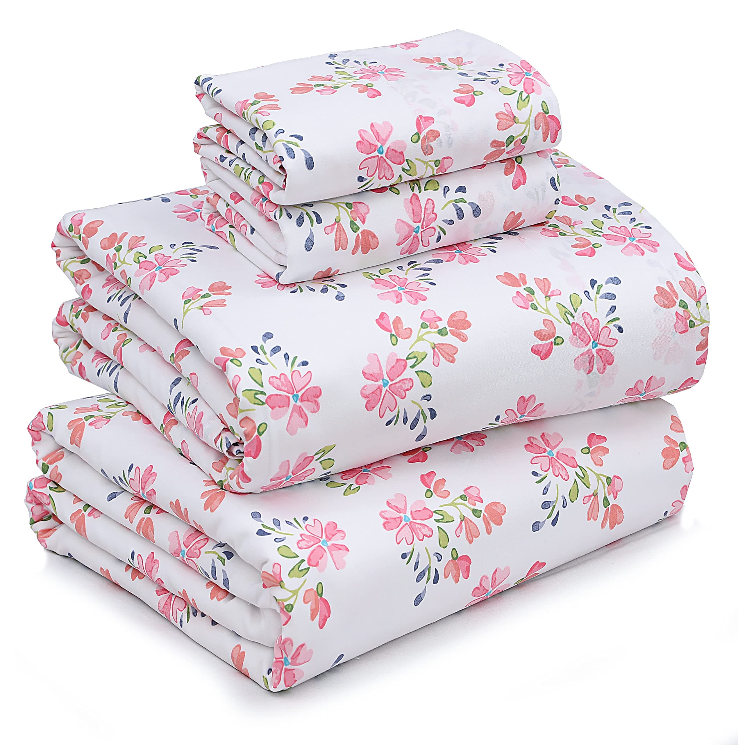 RUVANTI 100% Cotton Sheets – Queen Size Percale Bedding, Cooling & Breathable Floral Design, Durable with a Crisp, Soft & Comfortable Feel, 16" Deep Pocket, 4-Piece Set, Bloomex