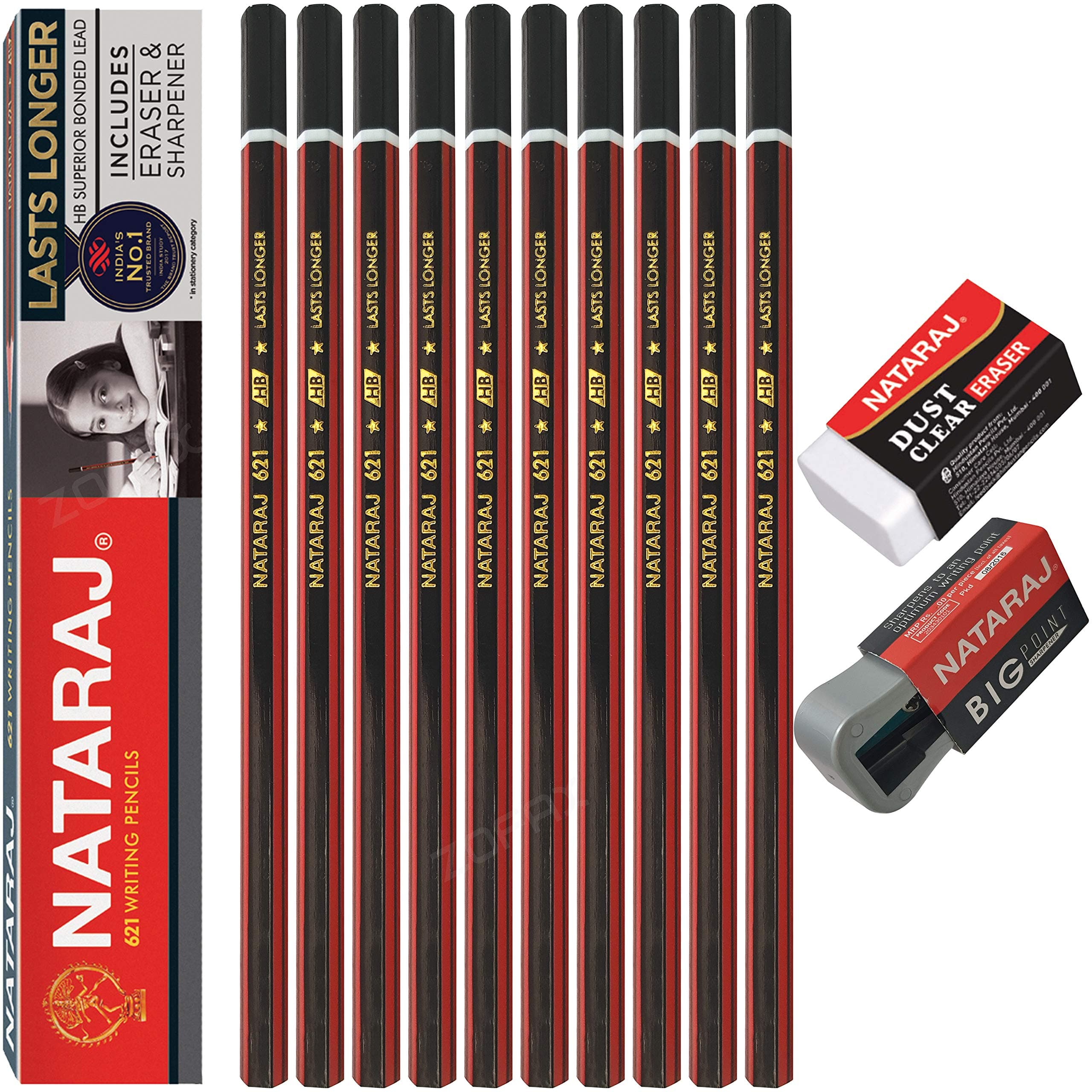 NATARAJ Tradition 621 Writing Hexagonal 10 Pencils With Eraser and Sharpener