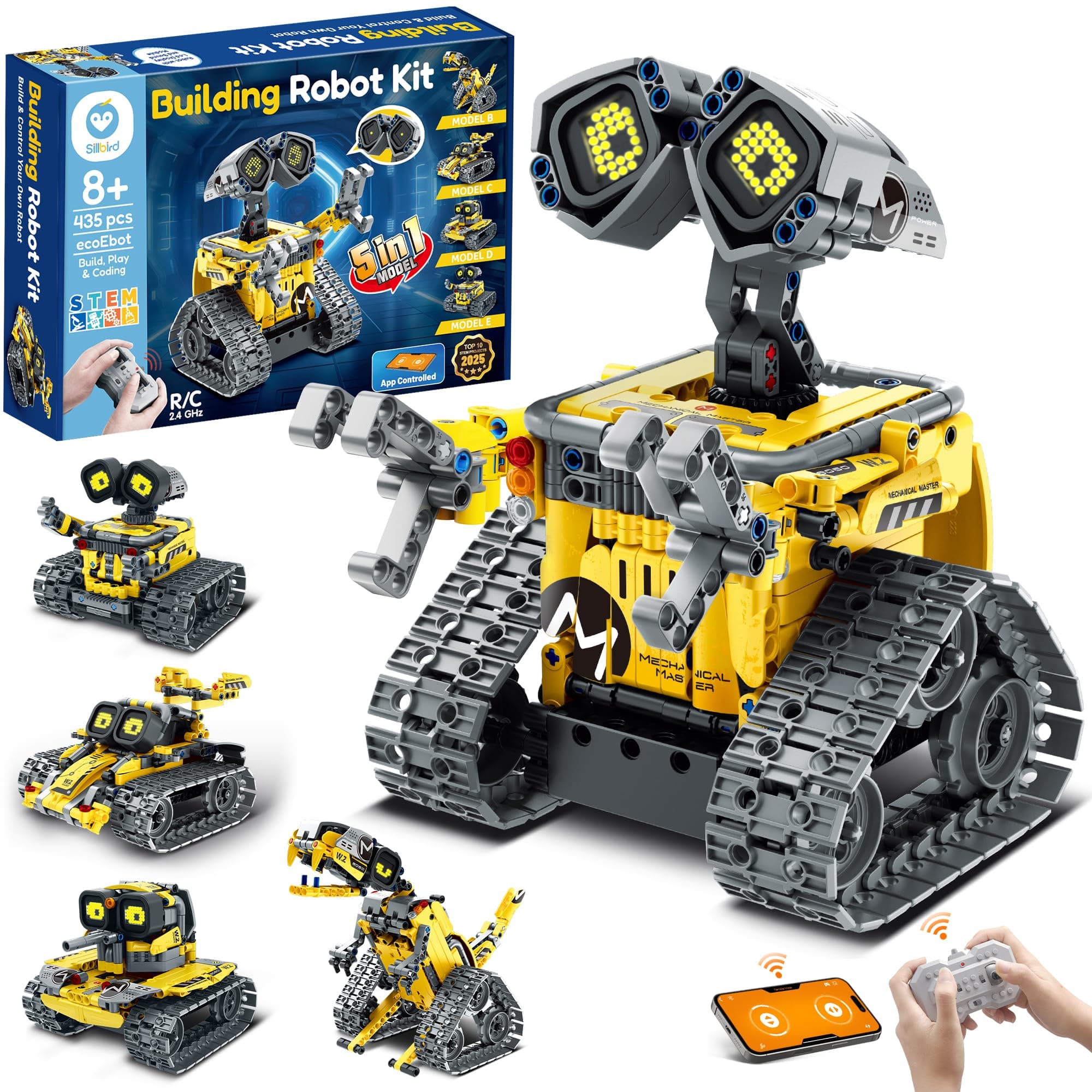 Sillbird Robot Building Kit with Remote Control for Boys Ages 8-14, STEM Coding Robotics Technic Toy Birthday Creative Gifts for Kids, Buildable 5in1 Models with 435 Pieces