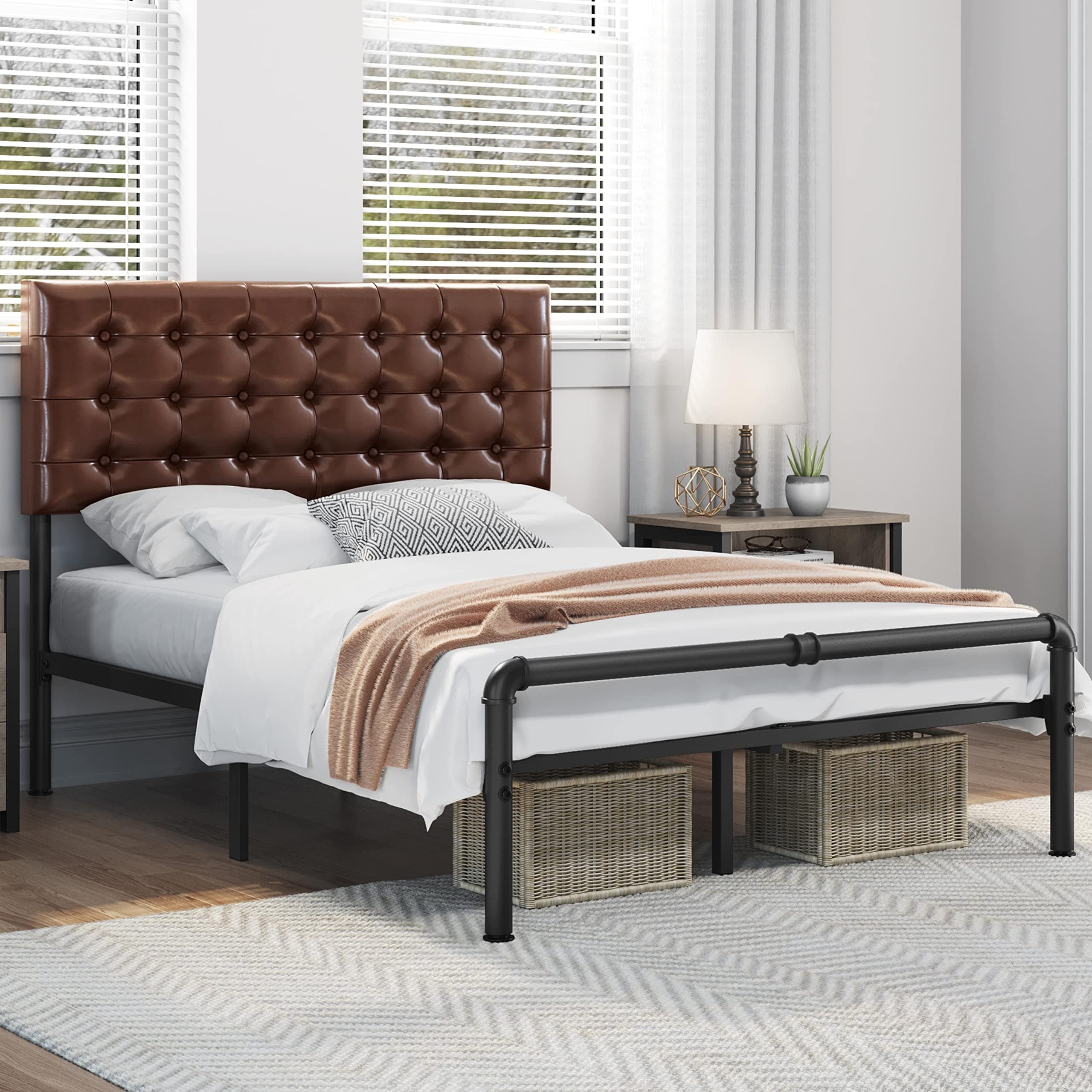 Yaheetech4FT6 Double Bed Frame Metal Platform Bed with Faux Leather Height-Adjustable Headboard, Underbed Storage/Industrial Pipe Foot End/Noise Free/No Box Spring Needed, Elegant Brown