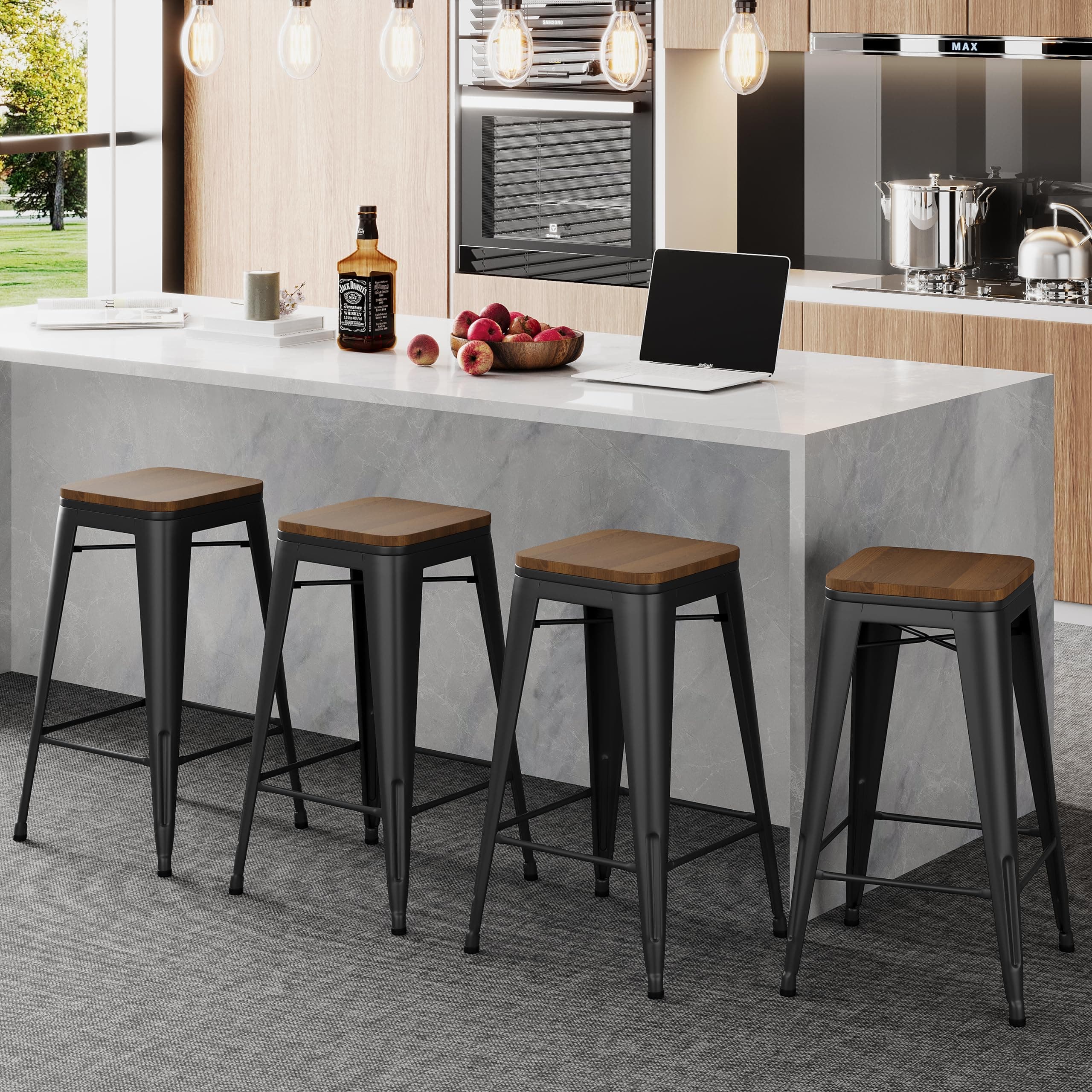 Alunaune 24" Metal Bar Stools Set of 4 Stackable Counter Height Barstools Backless Industrial Kitchen Bar Chairs with Wooden Seat-Matte Black