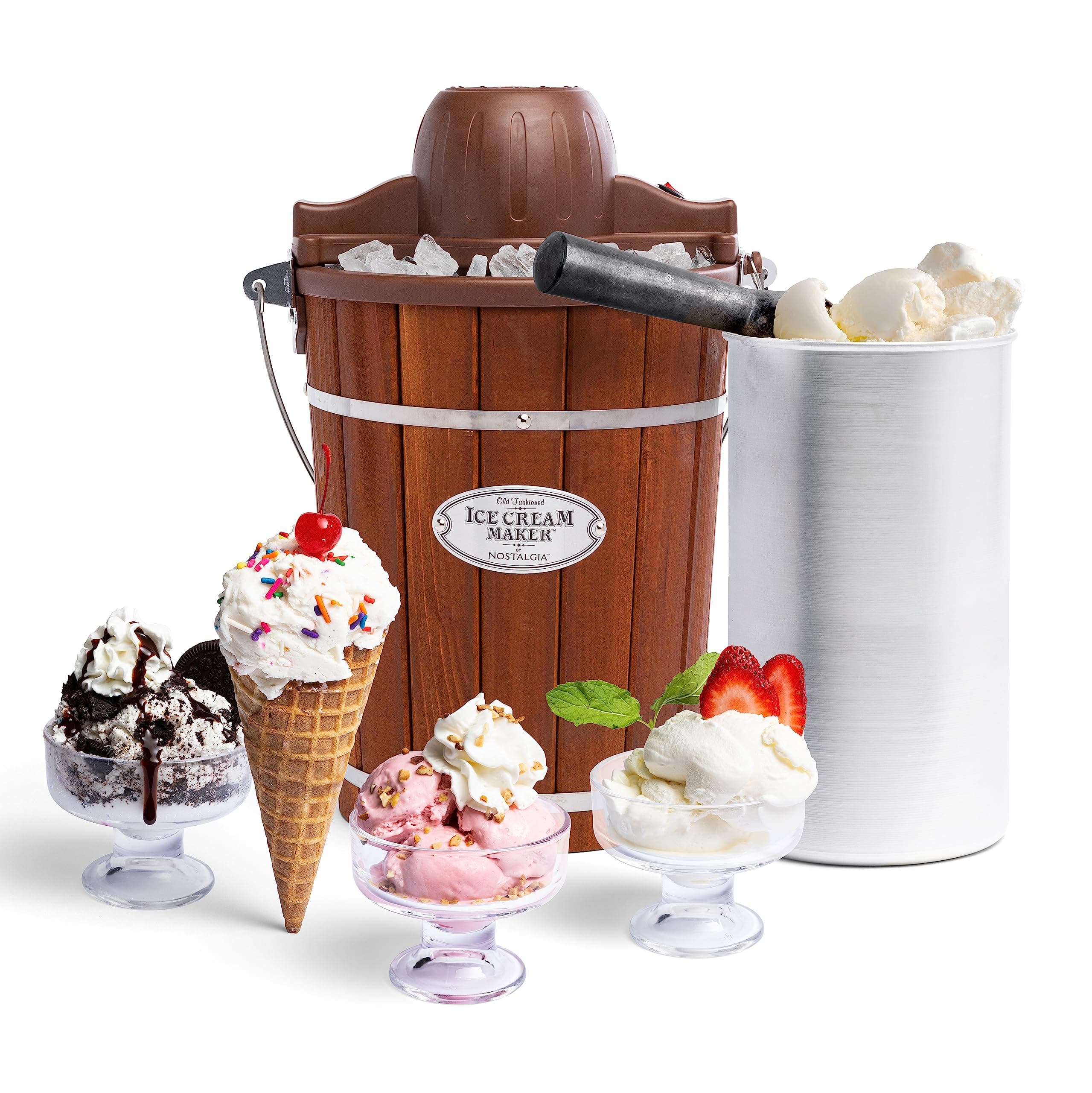 Electric Ice Cream Maker With 6 Qt Capacity - Old Fashioned Ice Cream Machine Makes Frozen Yogurt or Gelato in Minutes- Vintage Wooden Style Ice Cream Maker with Aluminum Canister- Dark Wood