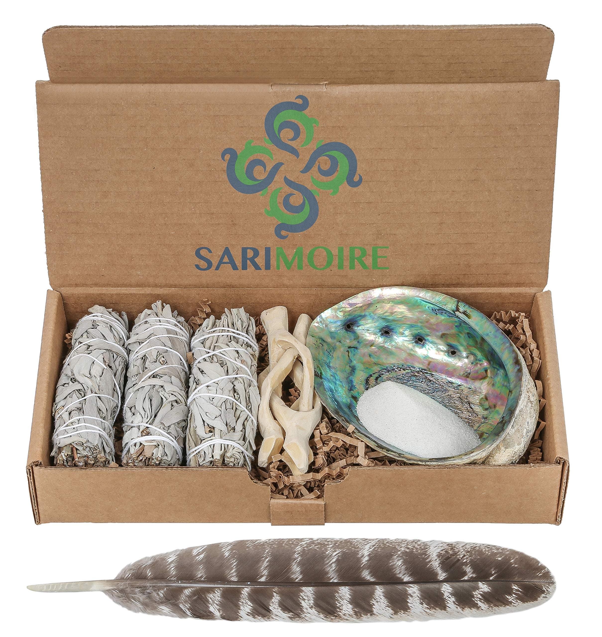Sage Smudge Kit - White Sage Smudge Sticks - 4in ~ Abalone Shell 5-6in ~ 2in Tripod Stand ~ 10-12in Feather and White Sand
