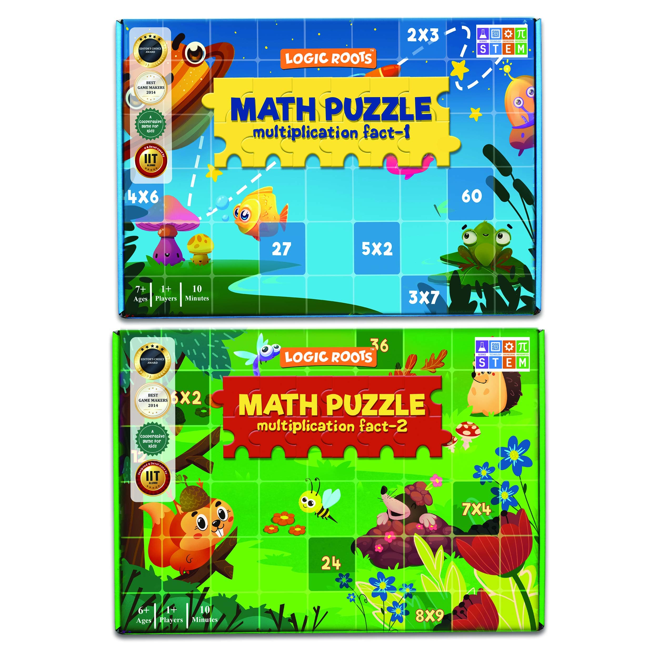Logic RootsMultiplication Puzzles - Pack of 2 Math Games, Multiplication Table 2-9 Practice, STEM Toys for 7-9 Year Olds, Learning Gift for Kids (Girls & Boys), Homeschoolers, Grade 1 and Up