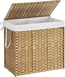 SONGMICS Laundry Hamper with Lid, 42.3 Gallon (160 L) Synthetic Rattan Clothes Laundry Basket with Lid and Handles, Foldable, Removable Liner, Goose Yellow ULCB216Y01