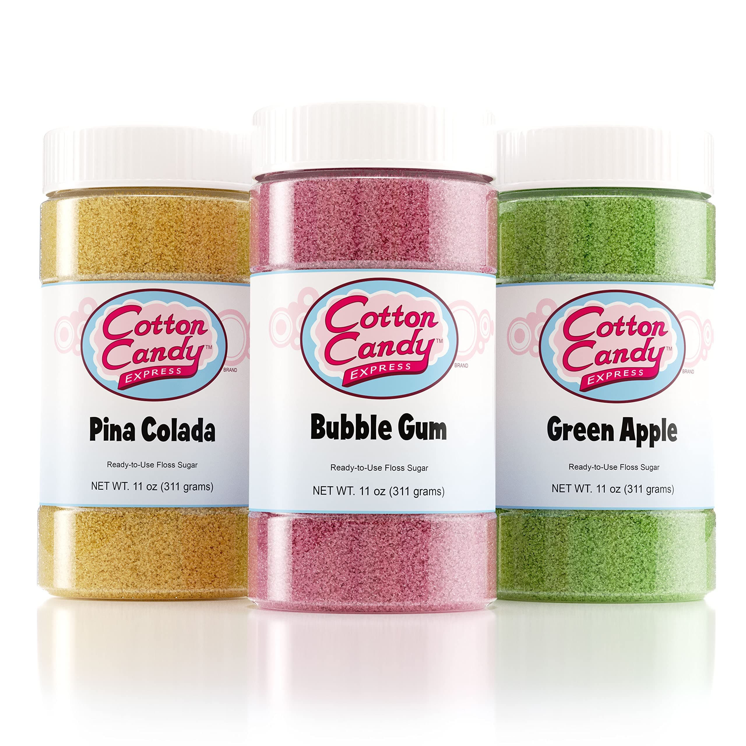 Cotton Candy Express Floss Sugar Variety Pack with 3-11oz Plastic Jars of Bubble Gum, Green Apple, Pina Colada Flossing Sugars. Use With Cotton Candy Express Countertop Machine
