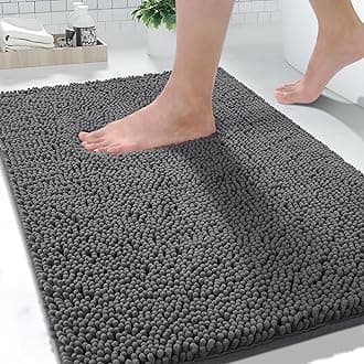 Yimobra Microfiber Luxury Chenille Bath Rug Mat, Soft Shaggy Bathroom Rugs, Super Absorbent and Thick Durable, Non-Slip, Machine Washable, Bath Mats for Bathroom, 32x20,Dark Gray