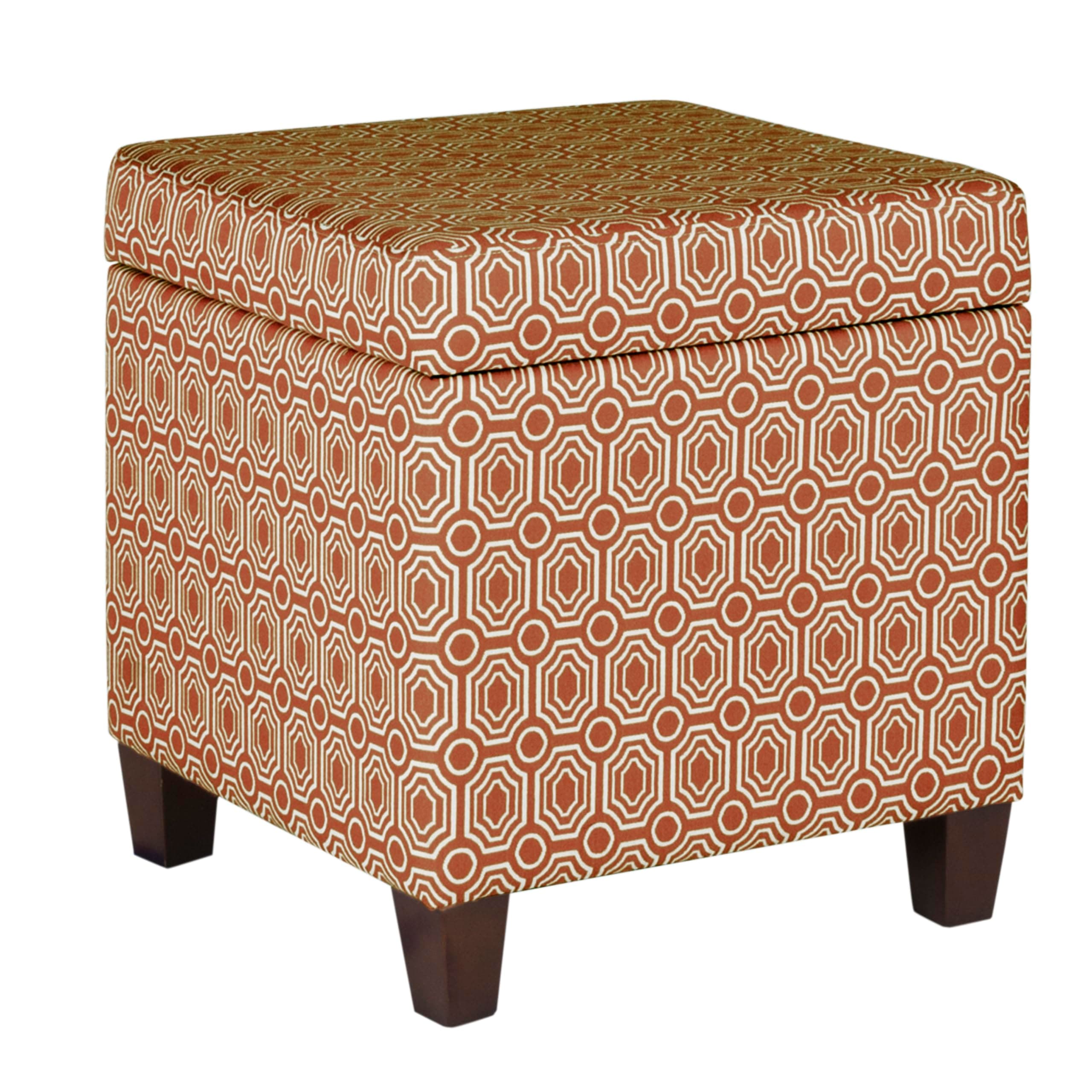 HomePop Upholstered Storage Cube Ottoman with Hinged Lid, Orange Geometric 17" x 17" x 18"