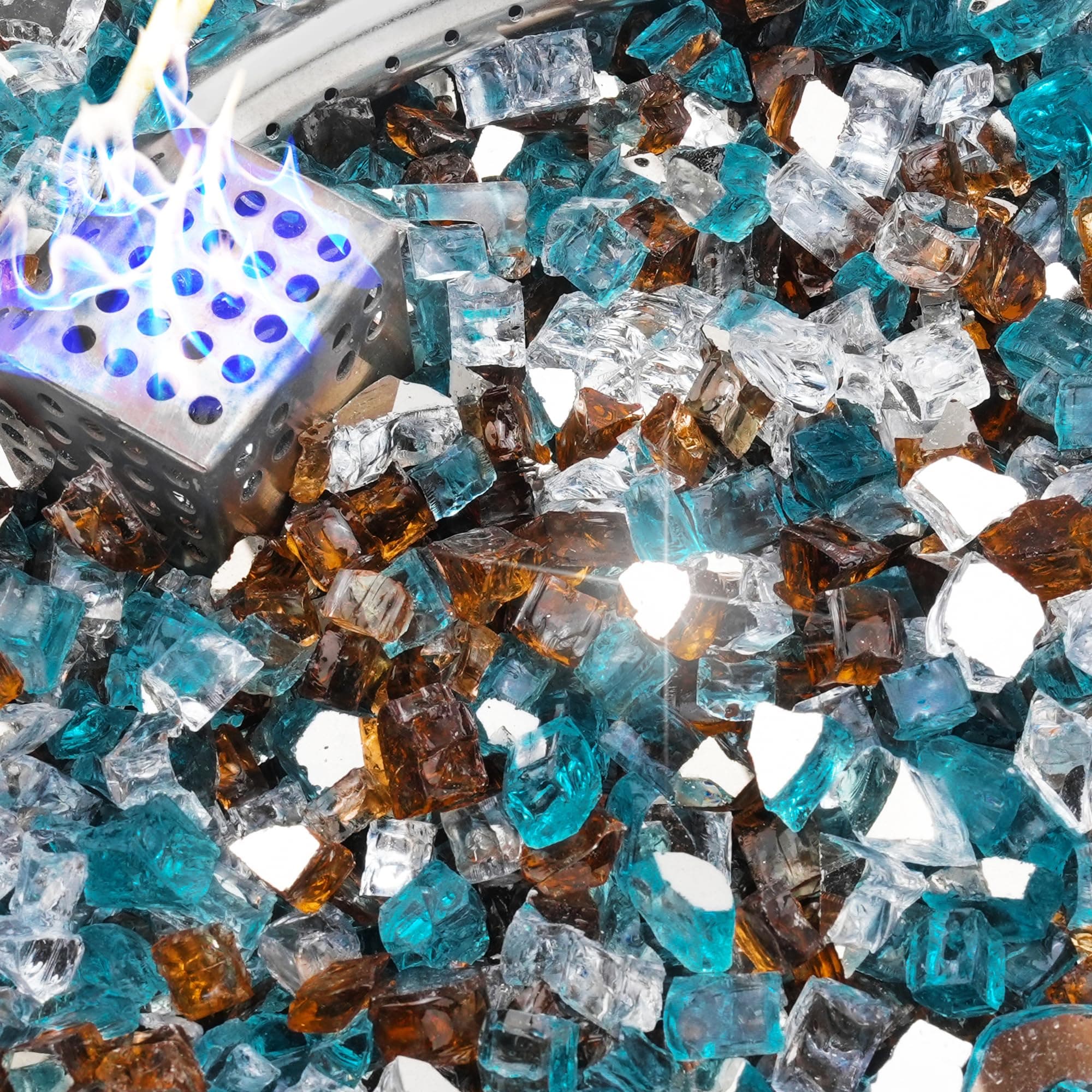 NUPICK 10 Pound Fire Glass, 1/2 Inch Reflective Fire Pit Glass, Tempered Firepit Glass Rock for Propane or Natural Gas, Glass Rocks for Fire Pit Table or Fireplace, Aqua Blue & Copper & Platinum Mix