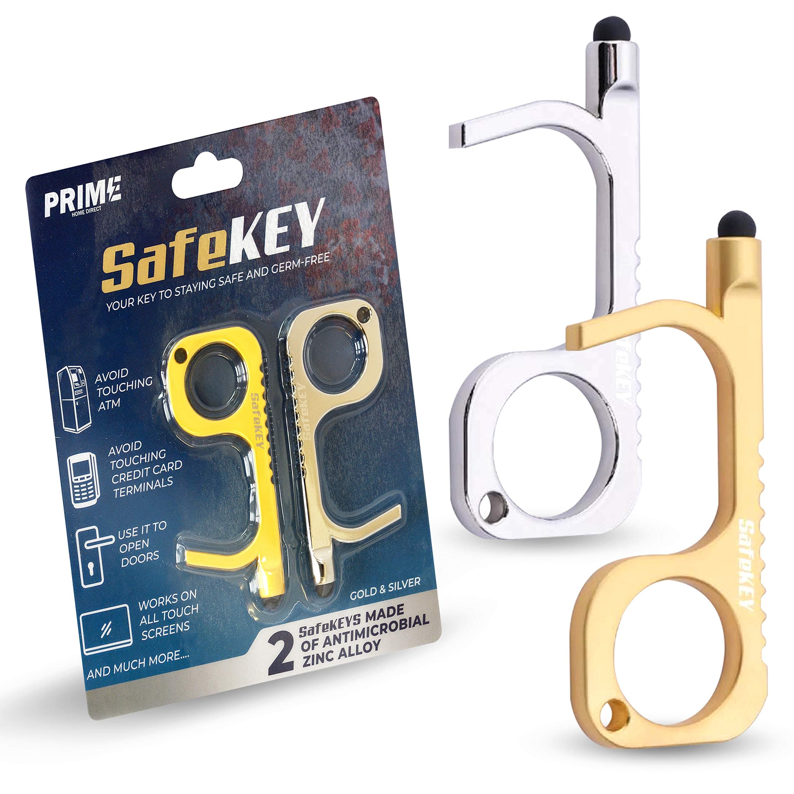 SafeKEY Door Opener Tool - No Touch Keychain Tool with a Built-in Stylus and Bottle Opener - 2 Piece Set (Gold and Silver) - This Touchless Key Tool is the Perfect Solution to Stay Contact-Free