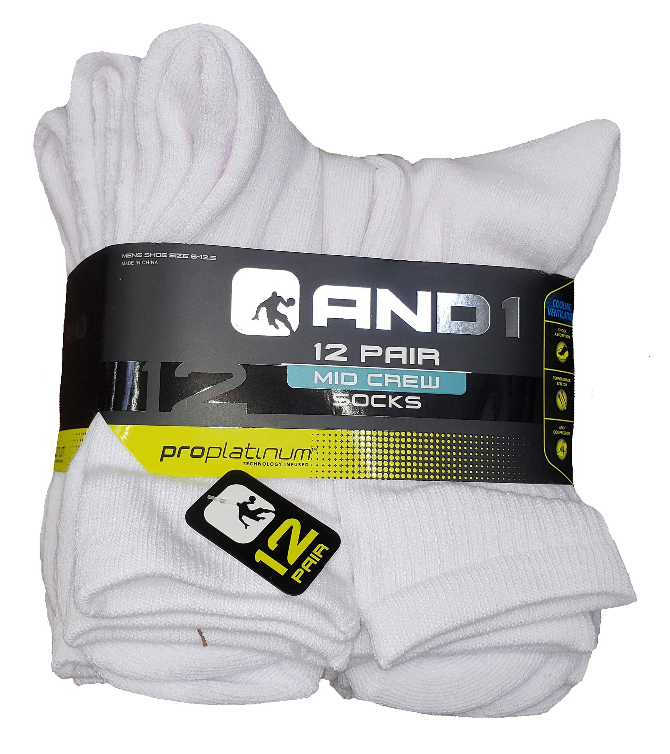 AND1AND1 White 12 Pair ProPlatinum Mid Crew Socks