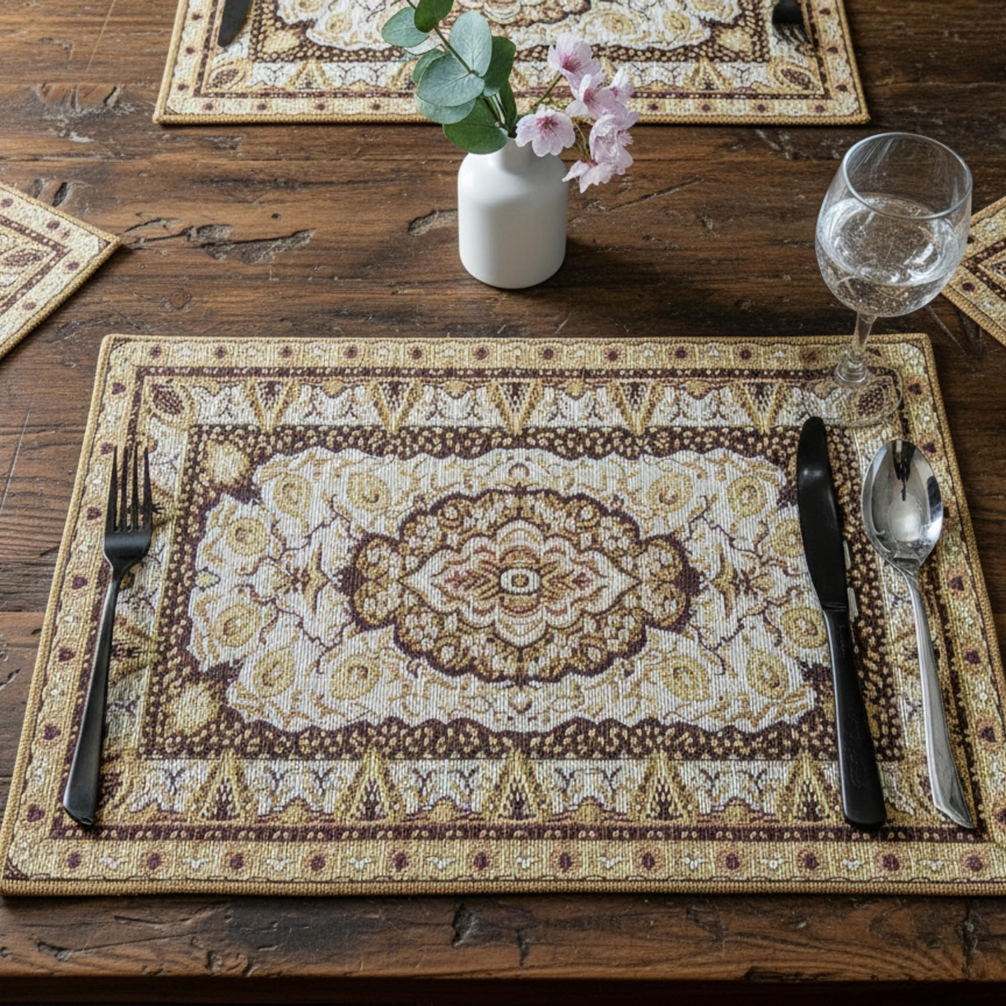 DaDa Bedding Persian Style Rug Tapestry Dining Table Placemats - Set of 4-Pieces Ornate Floral Intricate Elegant Royal Golden Opulence - Gold Brown Beige Damask Woven Linen Kitchen Mats - 13” x 19”