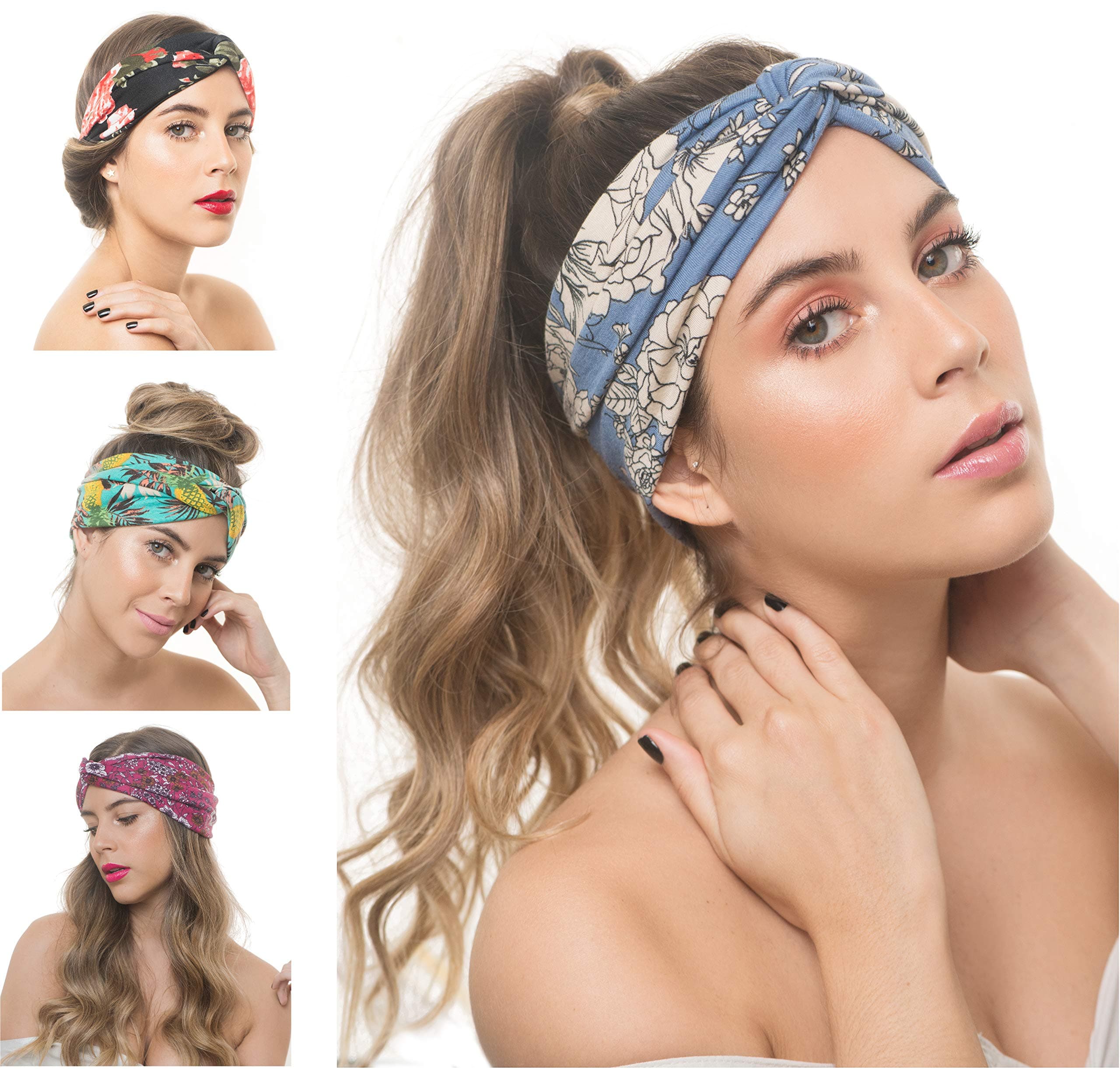 4 Pack Boho Bandeau Headbands Wide Thick Knotted Head wraps Stretch Turbans Cute Twisted Hair wraps Bandanas Criss Cross Head bands Fashion Designer Hair bands for Women Diademas para Mujer de Moda