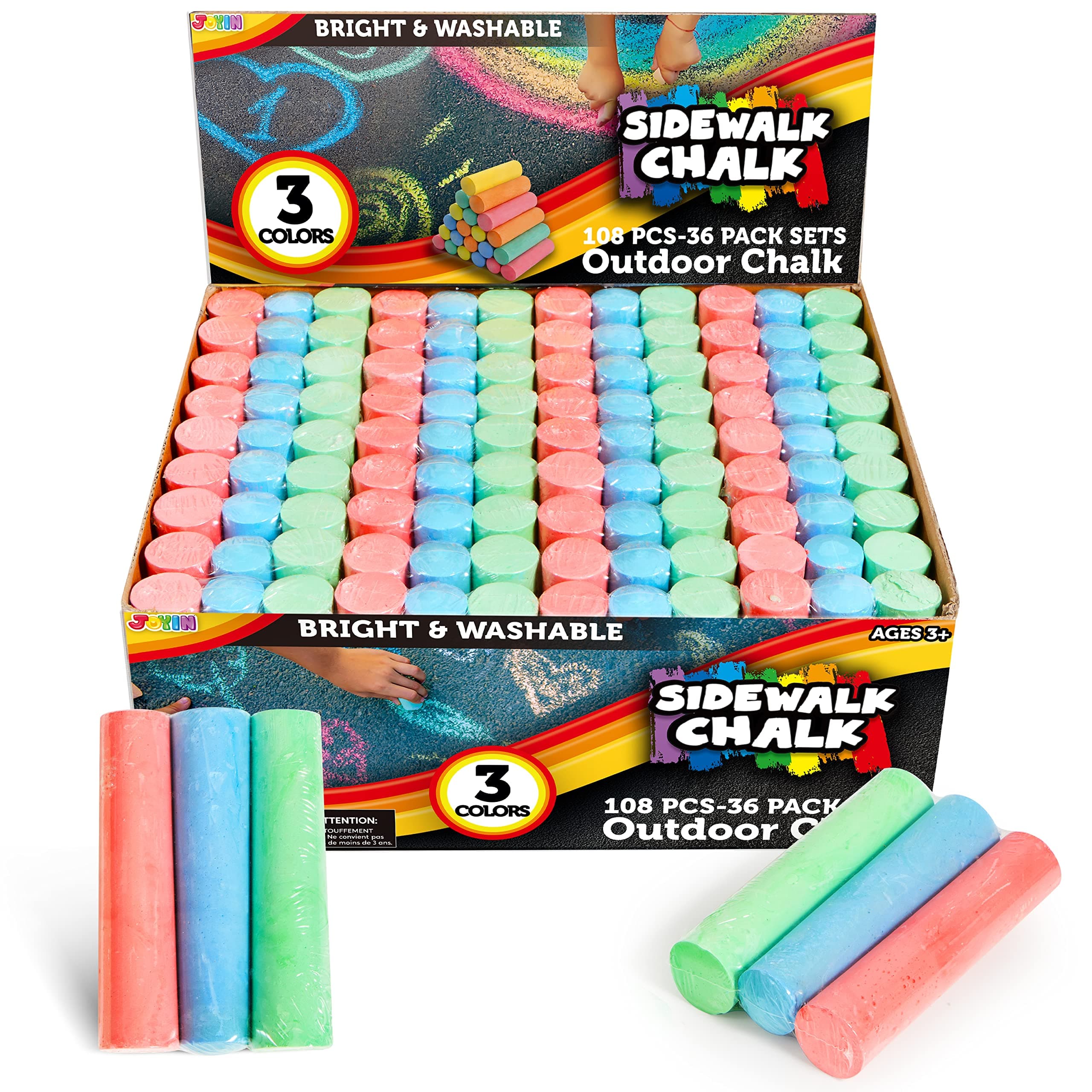 108 PCS Sidewalk Chalk Set in 36 Count, 3 Assorted Colors, Non-Toxic Jumbo Washable Driveway Chalk for Outdoor Art Play, Great Gift Toys for Kids, Classroom
