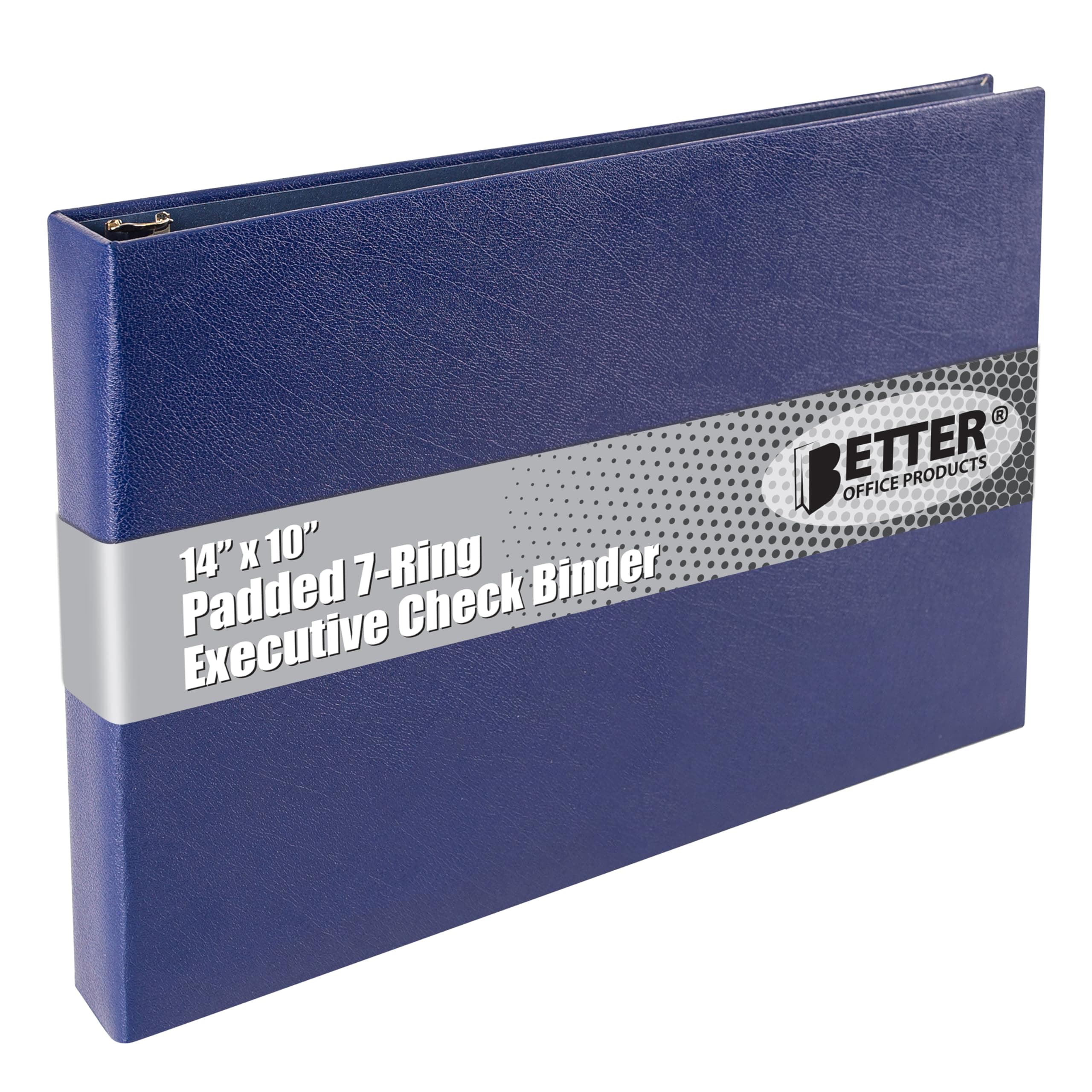 Better Office Products 7 Ring Executive Check Binder with Zipper Pouch, Padded Blue Textured Cover, for 9" x 13" 3 Per Page Business Checks, 600 Check Capacity Checkbook Holder