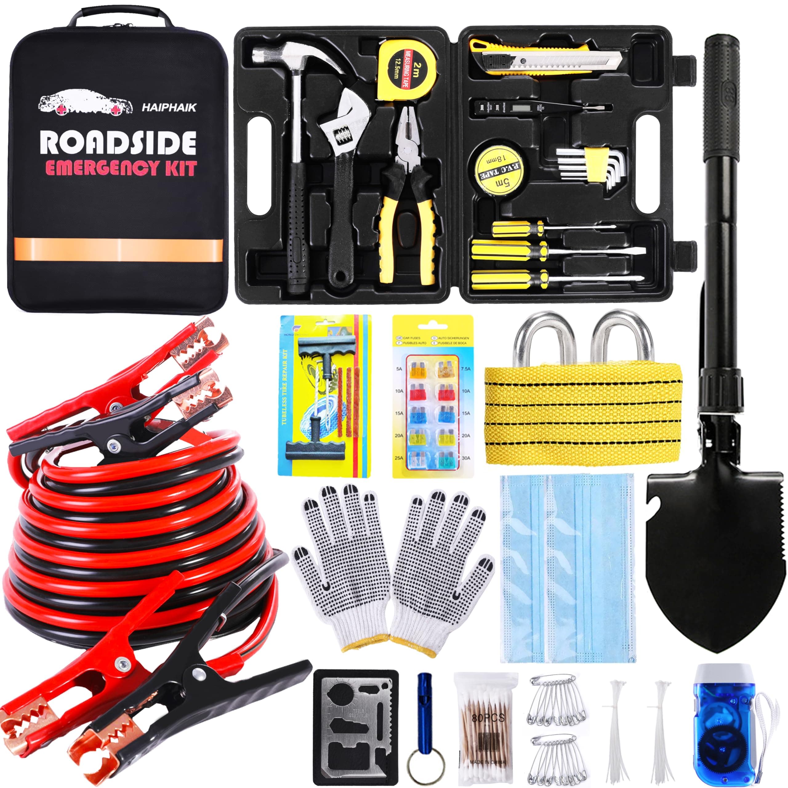 HAIPHAIK Car Emergency Kit,Emergency Roadside Kit for Car,Car Accessories for Women or Men,Car Safety Kit with Jumper Cables 11.8 FT,Tow Strap,Folding Survival Shovel,Roadside Emergency Kit